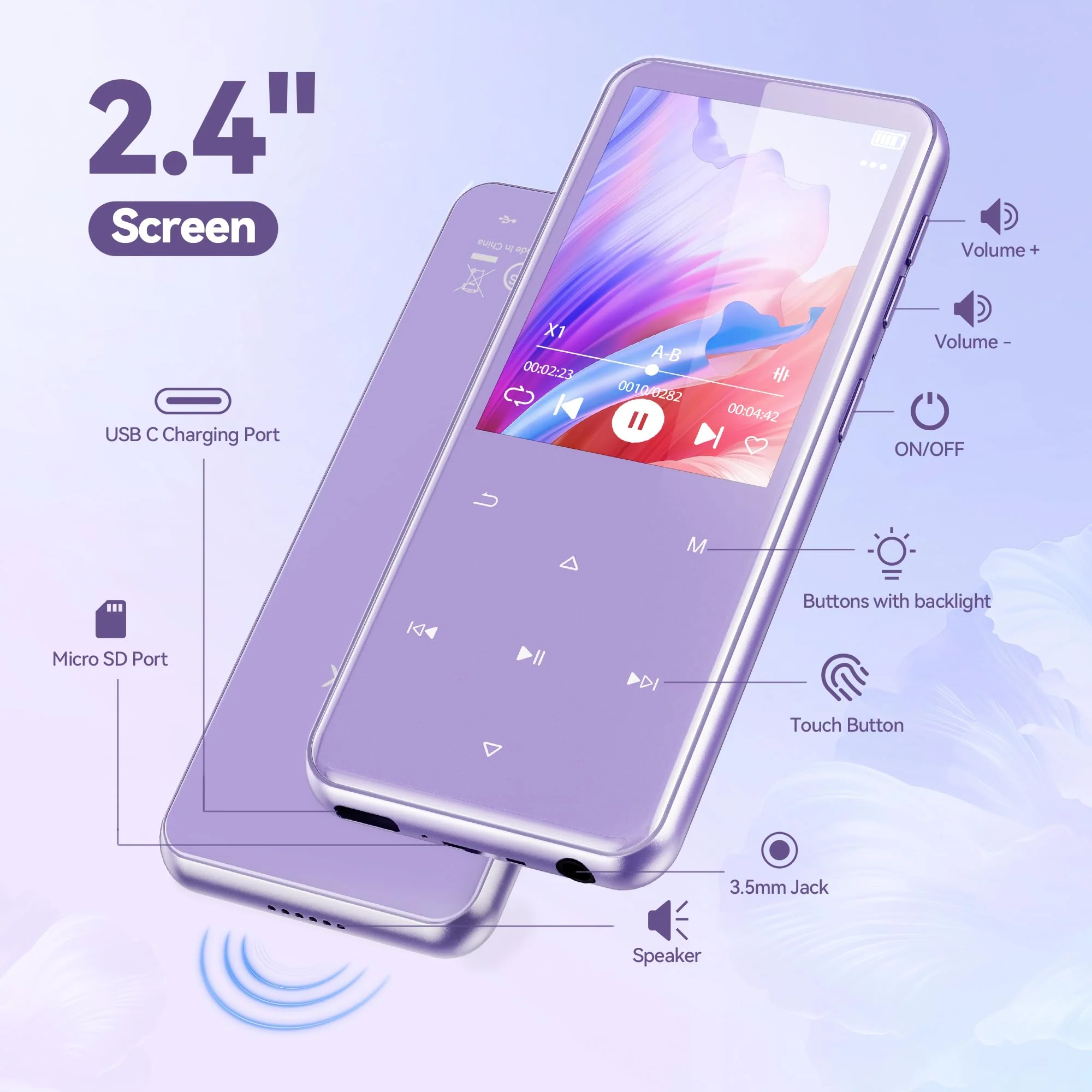 AGPTEK 64GB MP3 Player with Bluetooth, M3 2.4 inch Music Player with Speaker and FM Radio, Touch Buttons, Supports Up to 128GB(Purple) Purple - Image 5