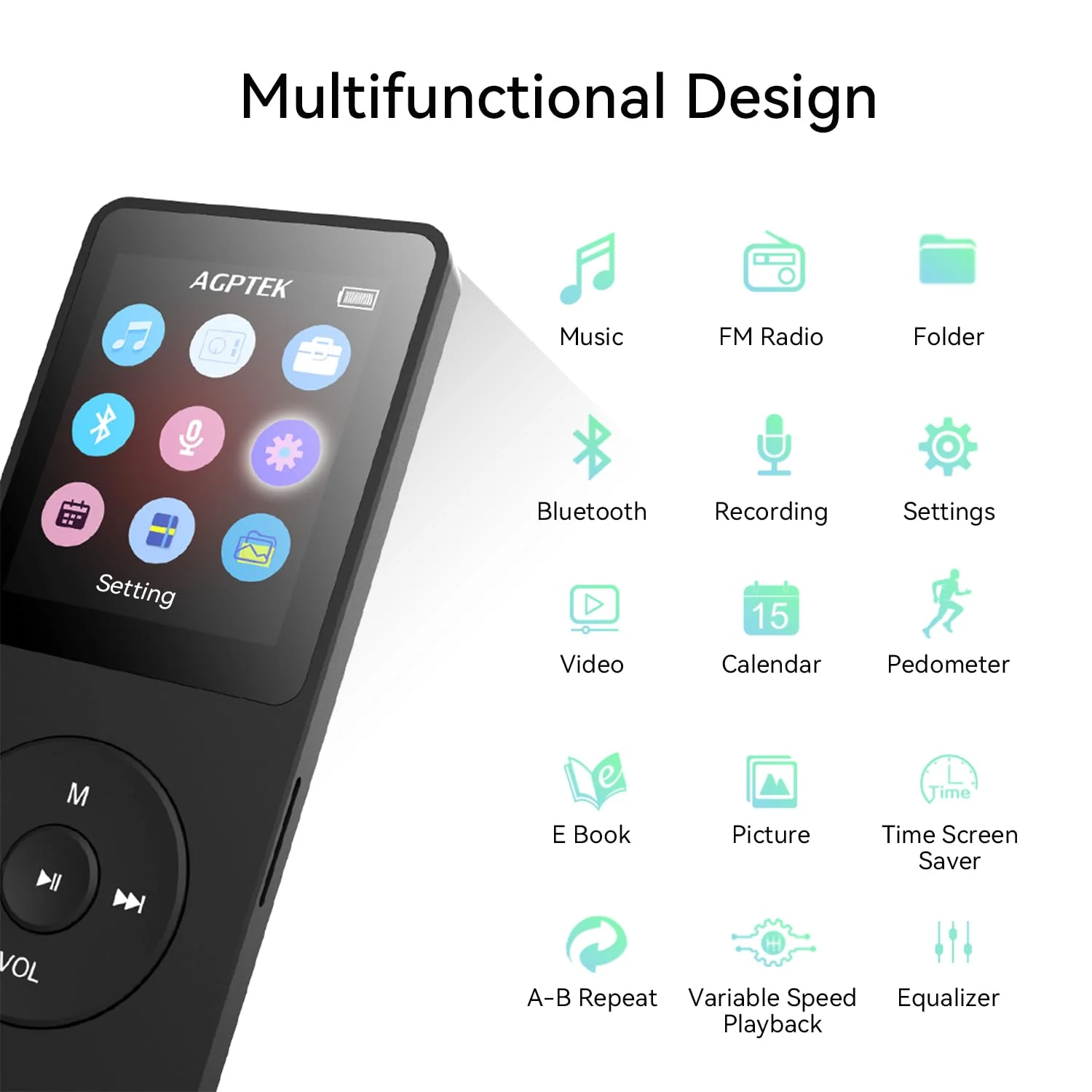 AGPTEK A02 MP3 Player with Bluetooth 5.3, 1.8 inch Screen Portable Music Player with Speaker, FM Radio, Voice Recorder, Supports Expanded Up to 128GB(Black, 32GB) Black - Image 4
