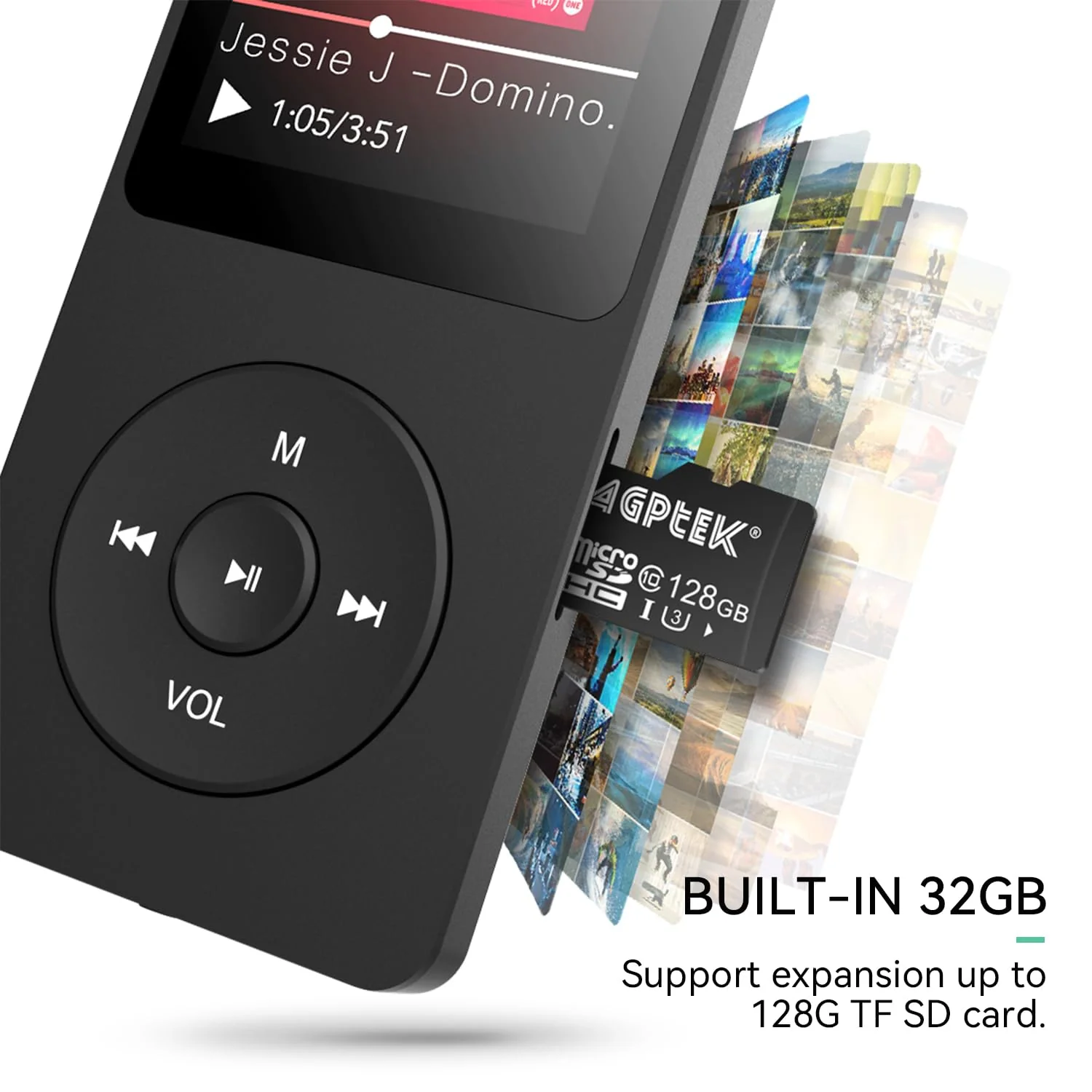 AGPTEK A02 MP3 Player with Bluetooth 5.3, 1.8 inch Screen Portable Music Player with Speaker, FM Radio, Voice Recorder, Supports Expanded Up to 128GB(Black, 32GB) Black - Image 5