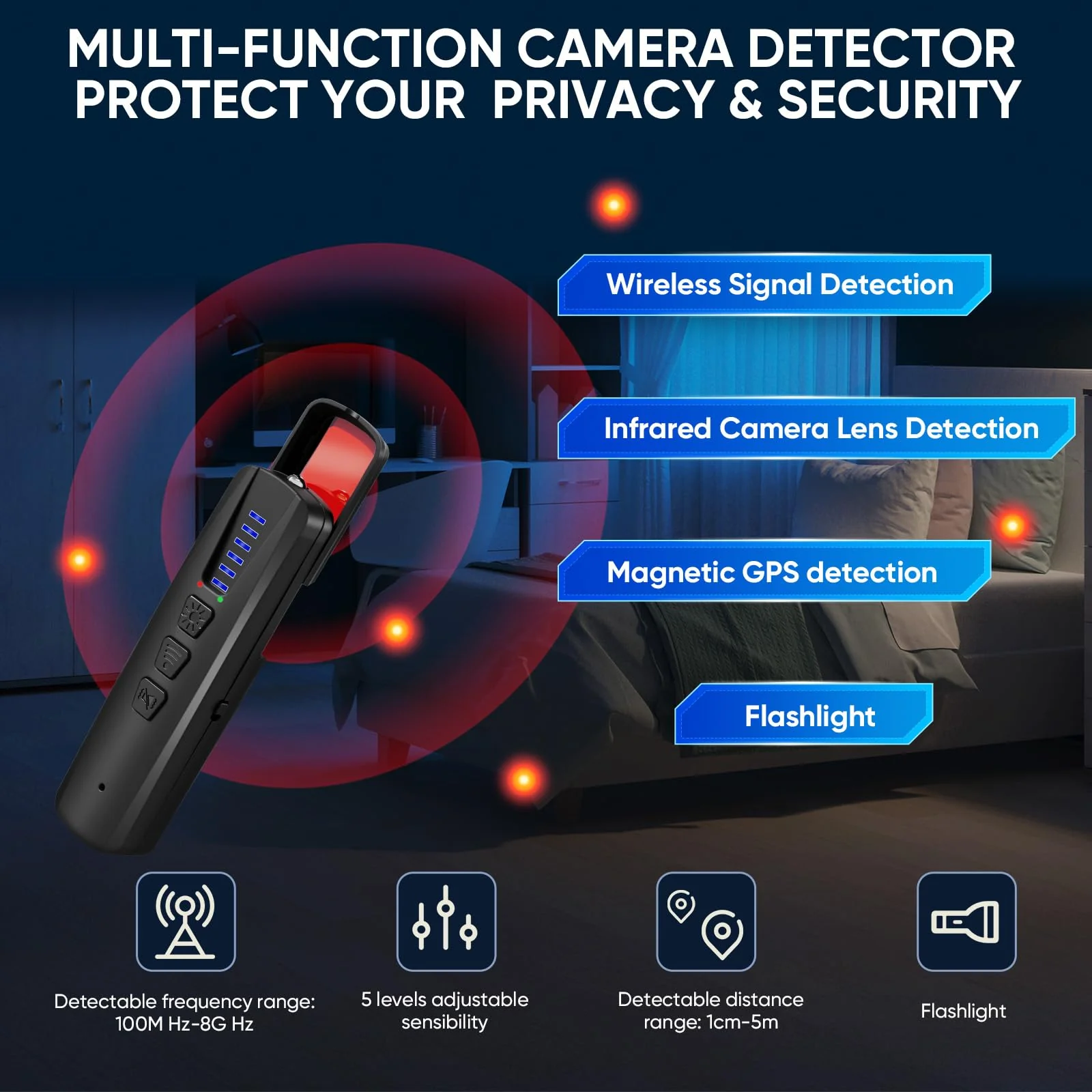 AI Hidden Camera Detector, Anti-Spy Camera Finder RF Signal & WiFi Scanner Hidden Devices Detector for GPS Trackers, 4 Modes for Hotel, Bathroom, Office, Car Travel Security (Black) Black - Image 2