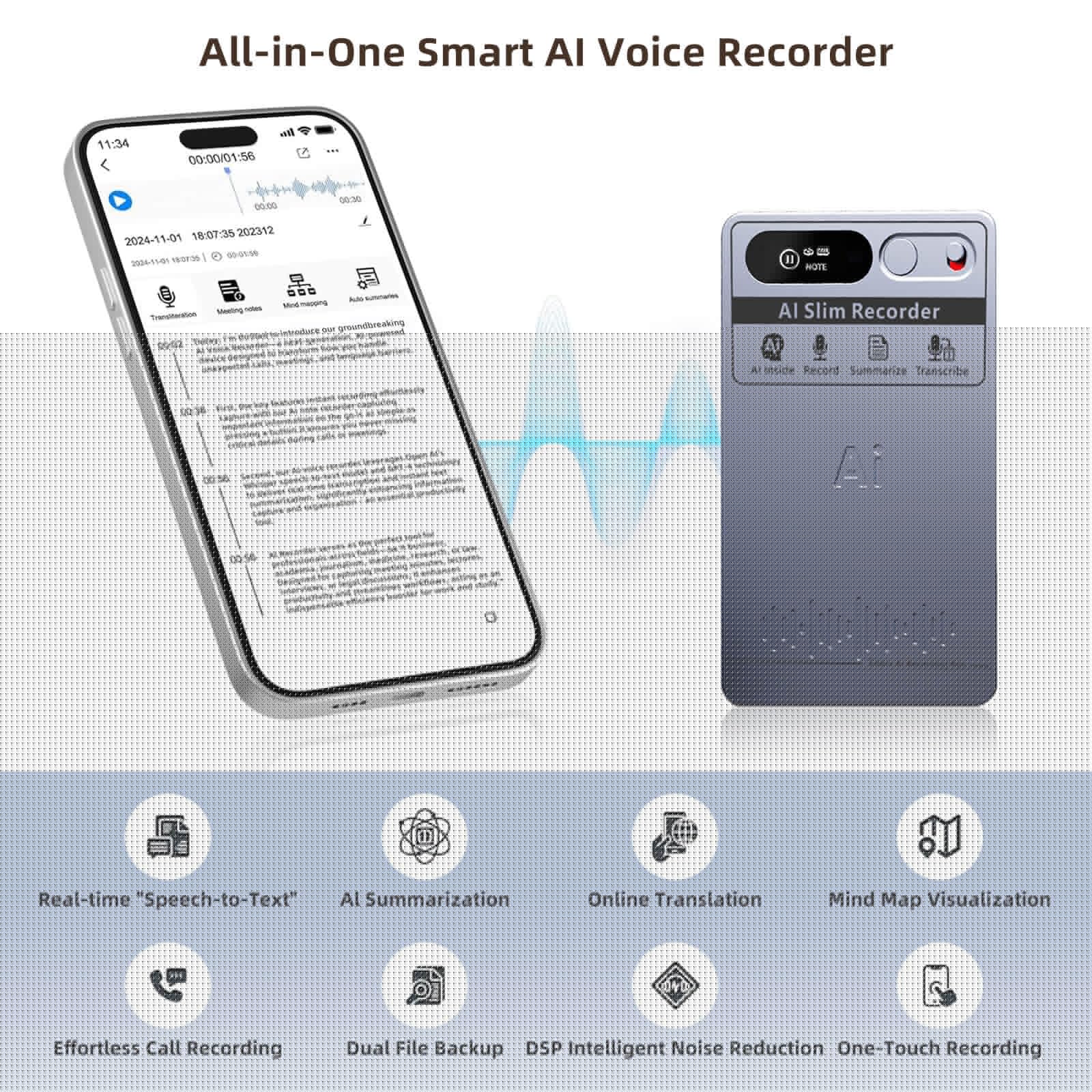 AI Voice Recorder with App Control, Advanced AI Transcribe & Summarize with 64GB Memory, Note Voice Recorder, Audio Recorder for Meetings, Lectures, Interviews, Supports 118 Languages, Grey - Image 2