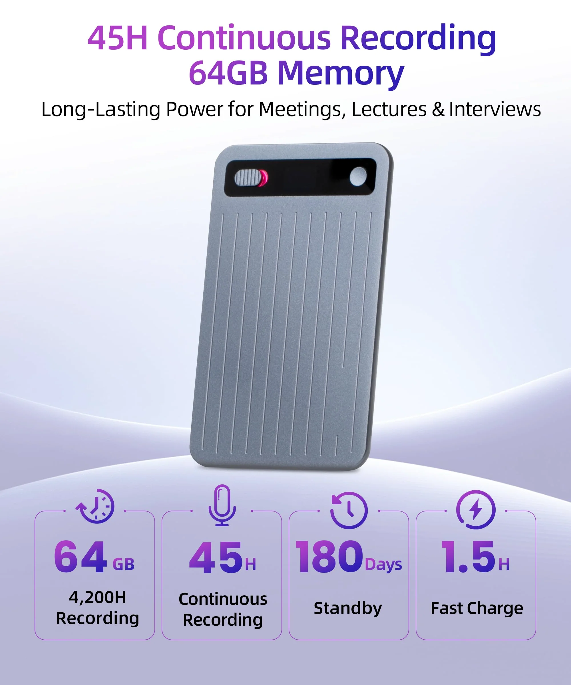 AI Voice Recorder with App Control, Noise Reduction, Transcribe & Summarize with AI Technology, Note-Taking Device Supporting 104 Languages, 64GB Digital Audio Recorder for Meetings and Calls – Gray - Image 5
