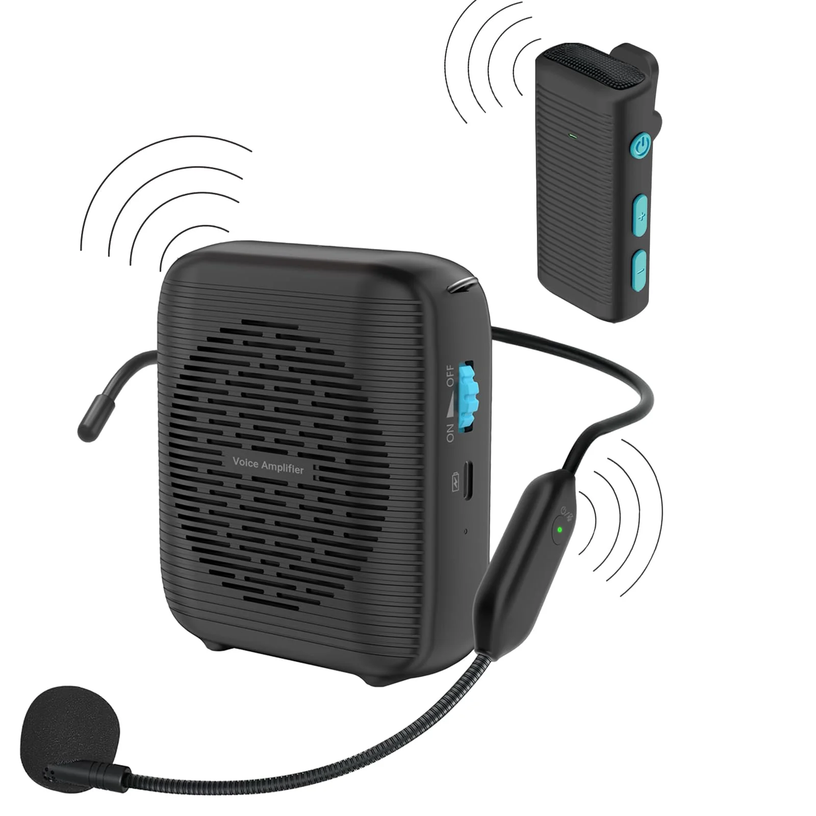 AI Wireless Voice Amplifier with 2 Wireless Mics(1 Lavalier mic & 1 Microphone Headset), Bluetooth 5.3 PA System for Teachers, Tour Guide, Yoga - 15H Rechargeable Battery, Waist-Mount Design Black