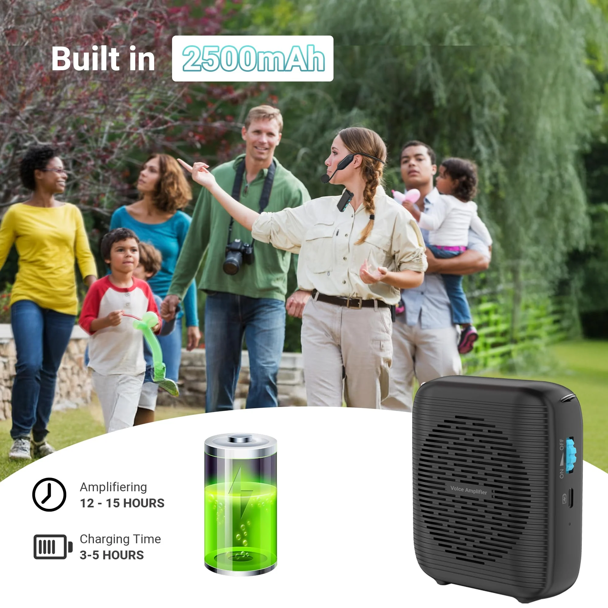 AI Wireless Voice Amplifier with 2 Wireless Mics(1 Lavalier mic & 1 Microphone Headset), Bluetooth 5.3 PA System for Teachers, Tour Guide, Yoga - 15H Rechargeable Battery, Waist-Mount Design Black - Image 2