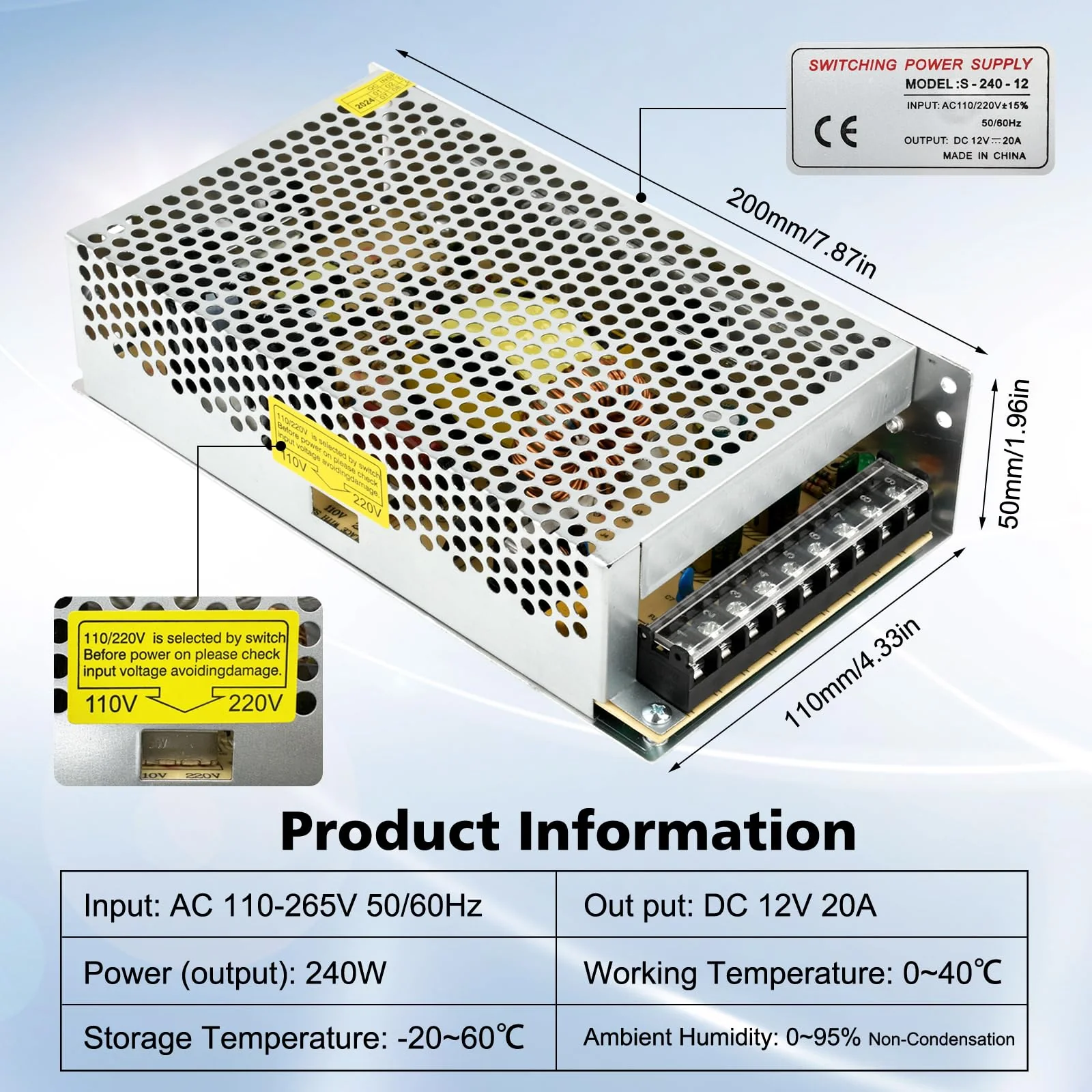 Aideepen 12 V Power Supply, 240 W 20 A LED Power Supply Adapter, LED Transformer 12 V for LED Strips, AC 110-265 V to DC 12 V 20 A 240 W Switching Power Supply 110-265V to 12V 20A - Image 3