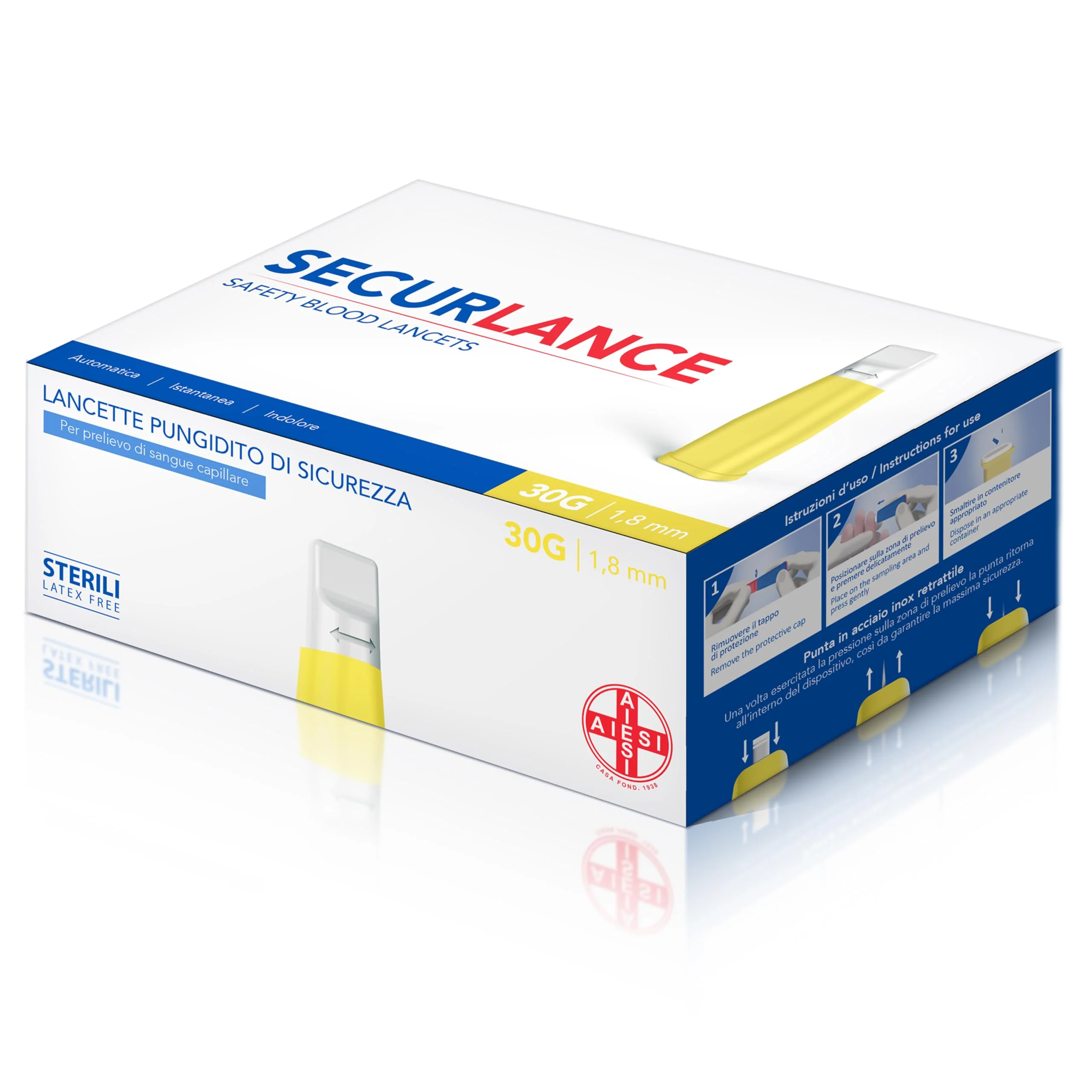 AIESI® Sterile Disposable Lancets with Safety System and Retractable Stainless Steel Tip Needle 30G Securance (Pack of 100) - Image 7