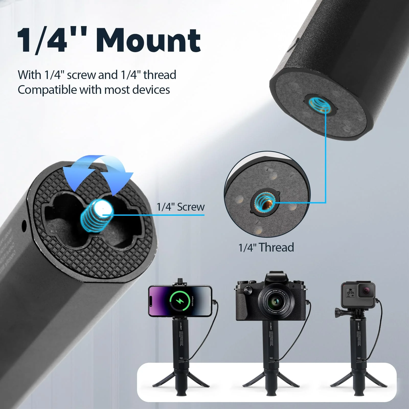 Ailight Battery Handle Grip, 5000mAh Extended Power with 20W PD Charging, 1/4" Screw Battery Mount for GoPro Hero 13/12/11/10-5 | Insta360 X5/X4 | DJI Action 6/5 Pro/4 | Canon/Sony DSLR Camera - Black - Image 6