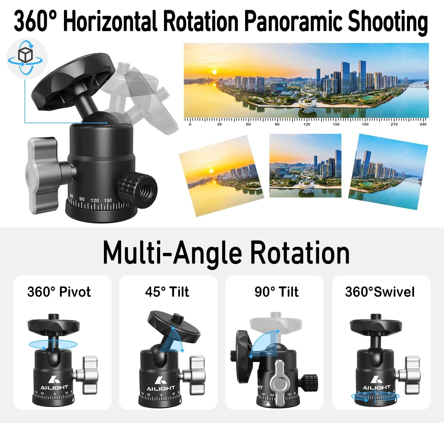 Ailight Mini Ball Head, 360° Panoramic Tripod Head, Universal 1/4" to 3/8" Screw Adapter Swivel Ball Head Tripod Mount, Dual Cold Shoe Mount for DSLR Cameras Camcorder Light Photograph Accessories 1 pack - Image 2