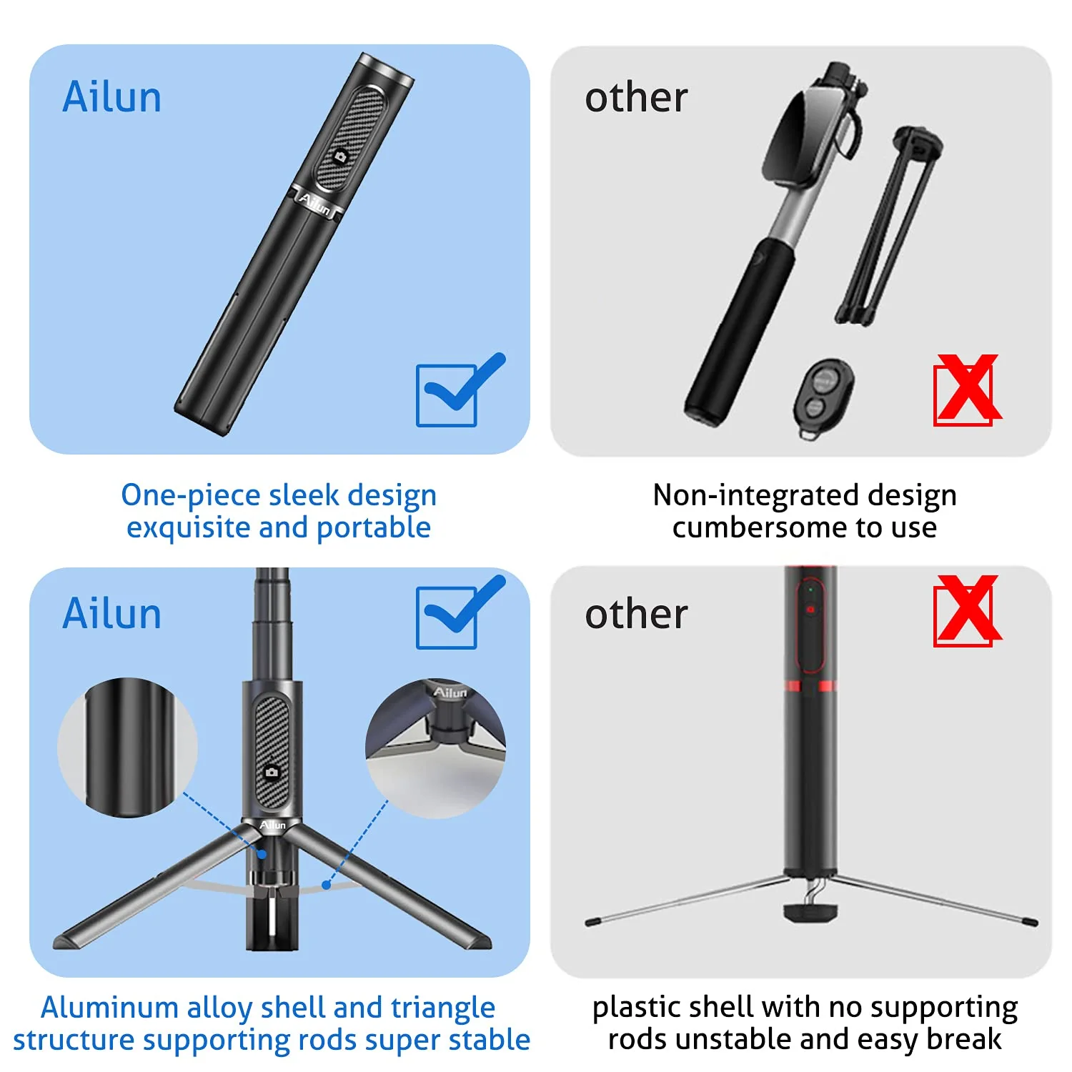 Ailun Selfie Stick Tripod,Extendable Aluminum,3 in 1,Bluetooth Wireless Remote and 360 Rotation Stand Compatible with iPhone 13/12/11/11 Pro/XS Max/XS/XR/X/8/7,and More Smartphones - Image 5