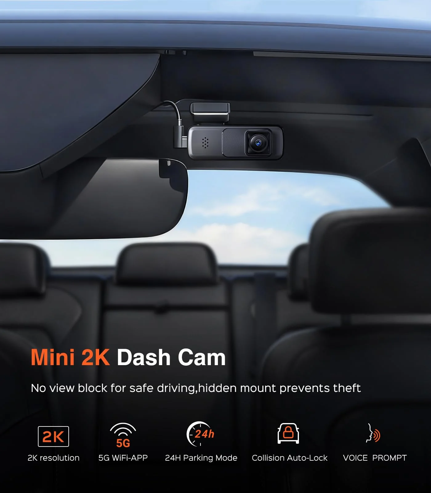 AINAVI Front Dashcam for Cars, Mini 2K Dash Camera, Dash Cam Built-in WiFi Wireless with APP Control, Hidden-Style Single Car Camera/WDR/Night Vision/G-Sensor/24H ParkingMode - Image 6