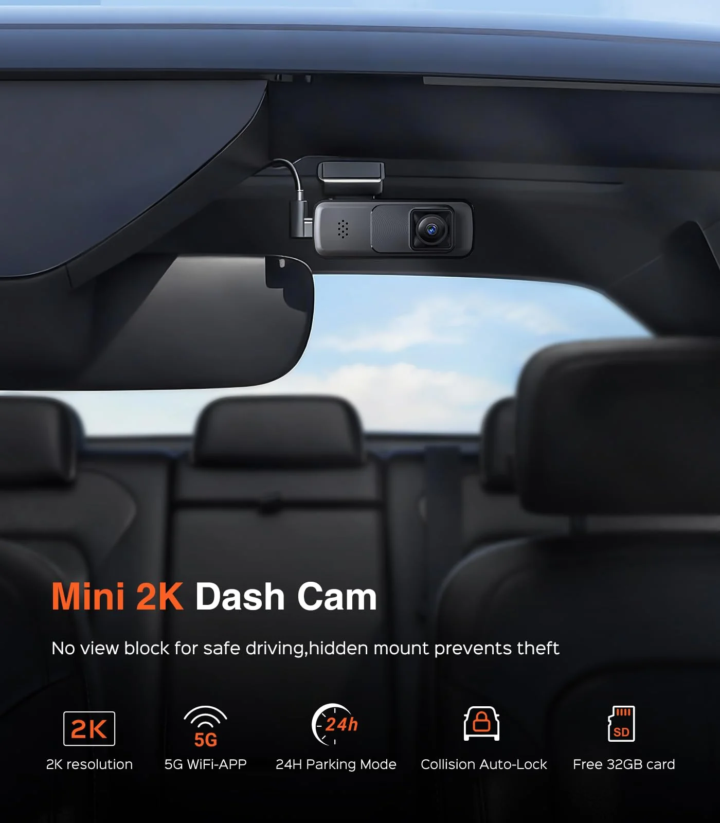 AINAVI Front Dashcam for Cars with 32G Card, Mini 2K Dash Camera, Dash Cam Built-in WiFi Wireless with APP Control, Hidden-Style Single Car Camera/WDR/Night Vision/G-Sensor/24H ParkingMode - Image 5