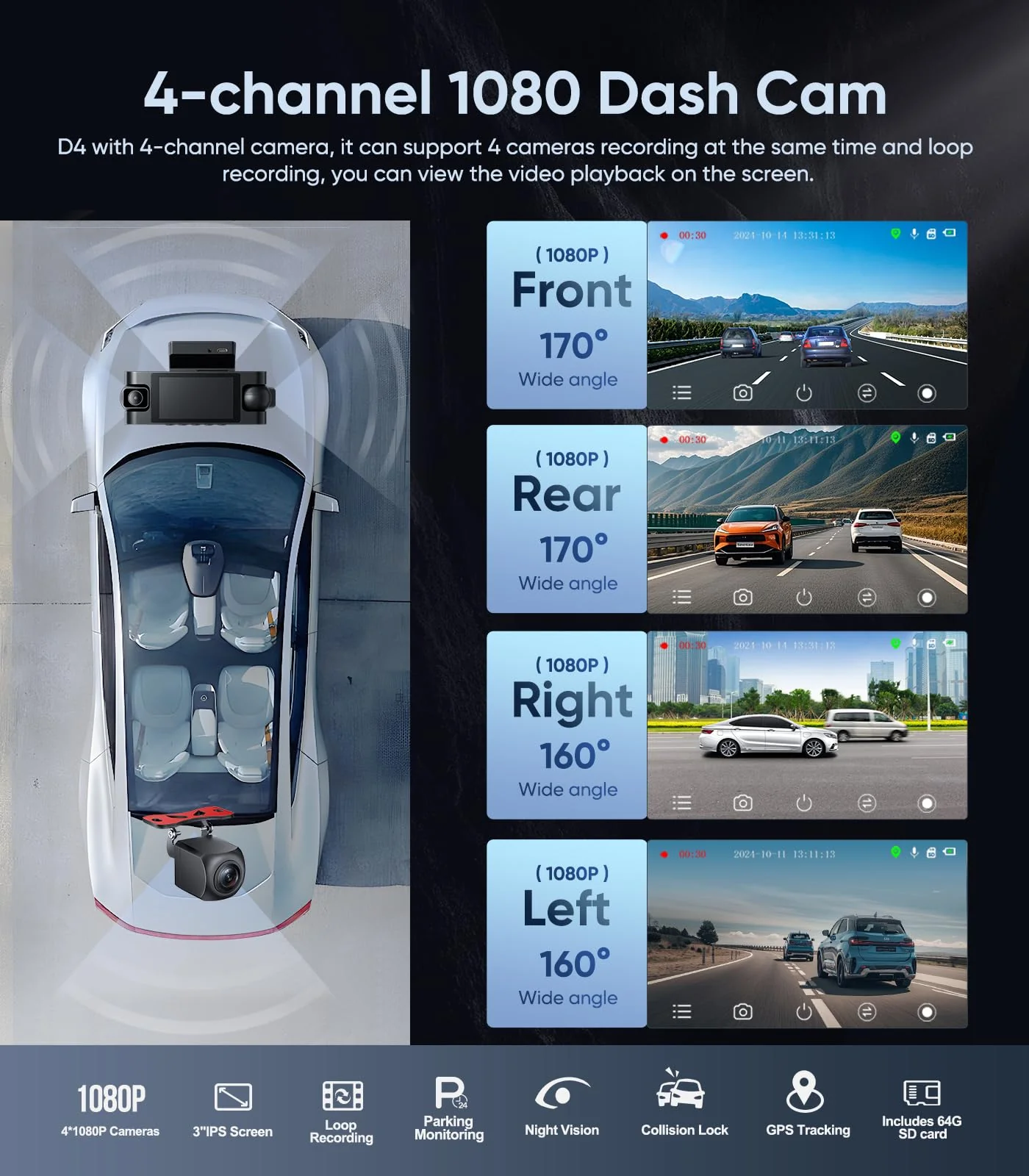 AINAVIGO 4 Channel Dash Cam 360° View,1080P Front and Rear Inside, Left Right Dash Camera for Cars, 8 IR Lamps Night Vision,3inch Screen,G-Sensor,Parking Mode - Image 3