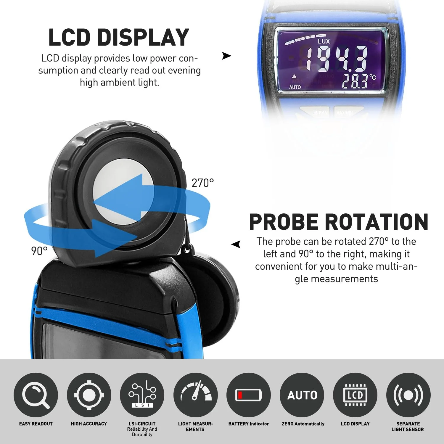 AIOMEST Digital Lux Meter, Illuminance Light Tester Measures 0.1~400,000 Lux/FC, Foot Candles Lumens Detector with Data Storage 270° Rotatable Head for Plants Office LED Luminosity, AI-8801B - Image 2