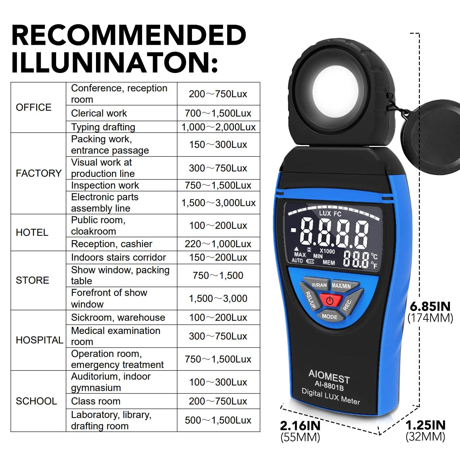 AIOMEST Digital Lux Meter, Illuminance Light Tester Measures 0.1~400,000 Lux/FC, Foot Candles Lumens Detector with Data Storage 270° Rotatable Head for Plants Office LED Luminosity, AI-8801B - Image 5