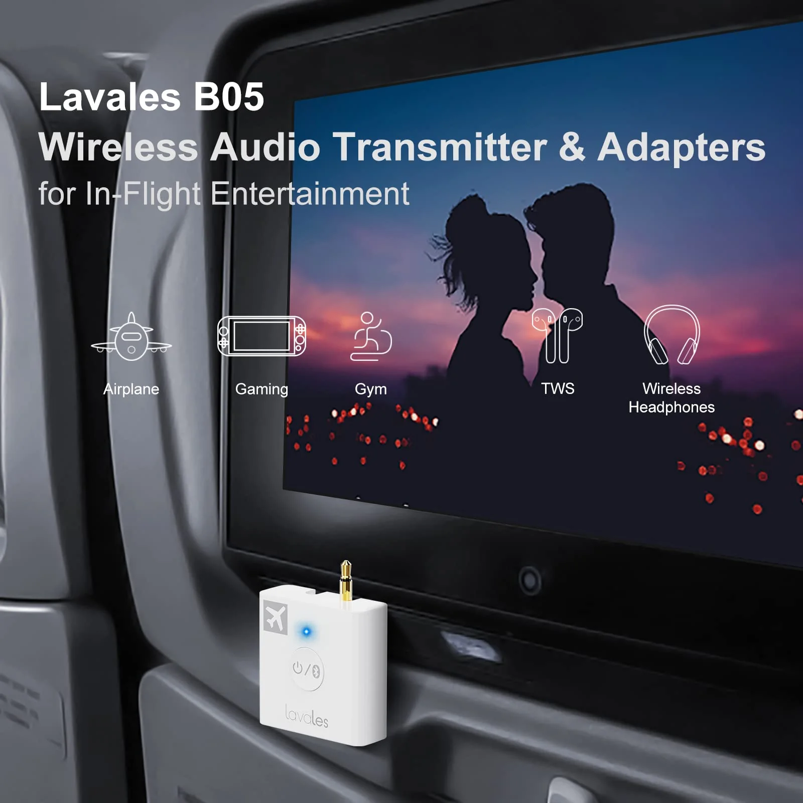 Airplane Bluetooth Adapter, 2 Headphones Support, 32Hrs Playtime, aptX Adaptive/Low Latency/HD Wireless Audio Transmitter for Airpods & Bluetooth Headphones, Use for Travel Flight - Image 2