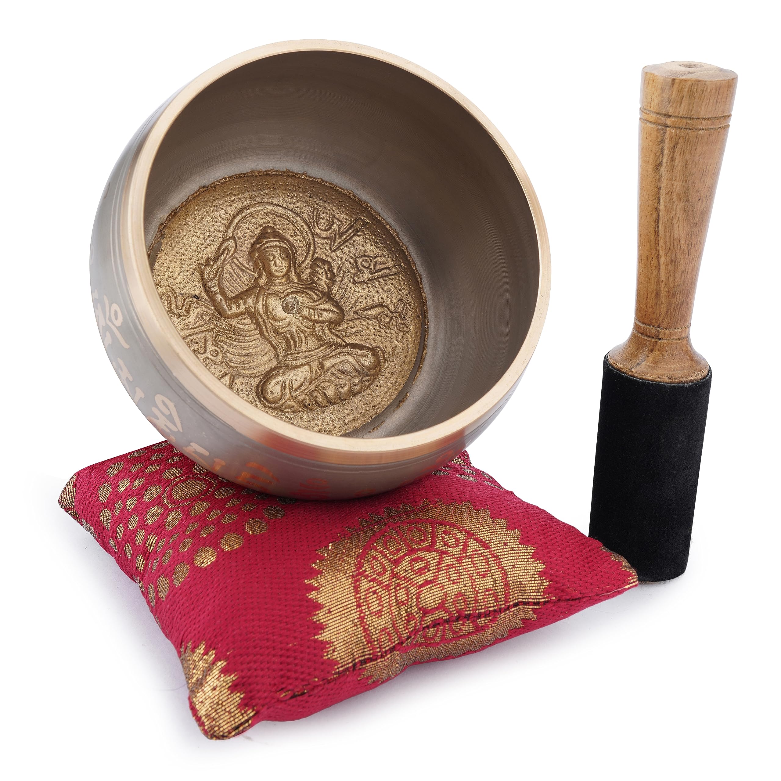 Ajuny Tibetan Singing Bowl Set for Meditation Yoga Chakra Healing Stress Relief Mindfulness Handmade Brass Sound Bowl with Stick and Cushion Unique Spiritual Gifts for Women & Men (Gold Beige) Gold-Beige