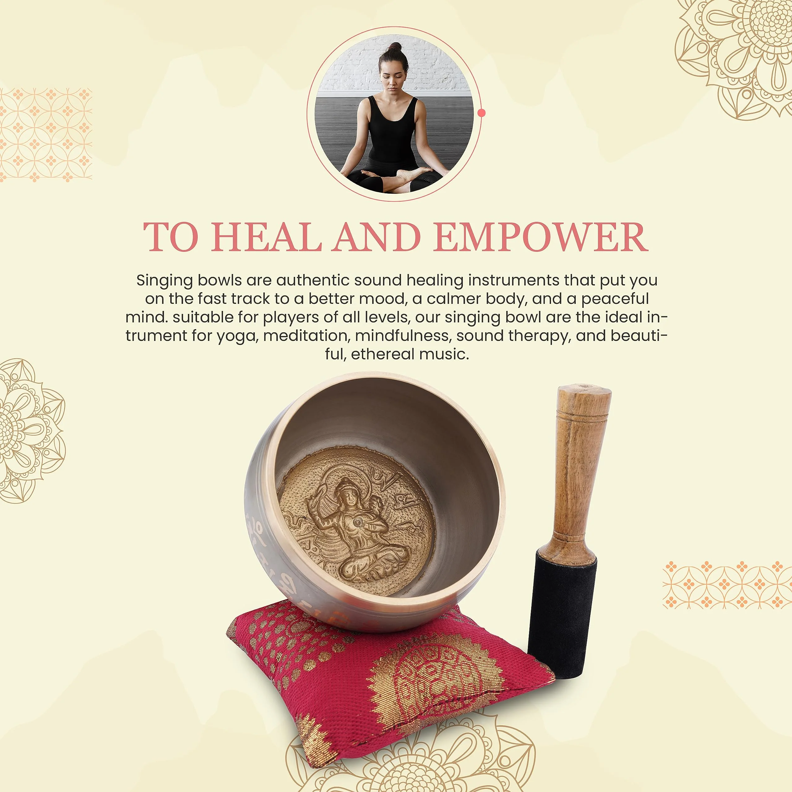 Ajuny Tibetan Singing Bowl Set for Meditation Yoga Chakra Healing Stress Relief Mindfulness Handmade Brass Sound Bowl with Stick and Cushion Unique Spiritual Gifts for Women & Men (Gold Beige) Gold-Beige - Image 7