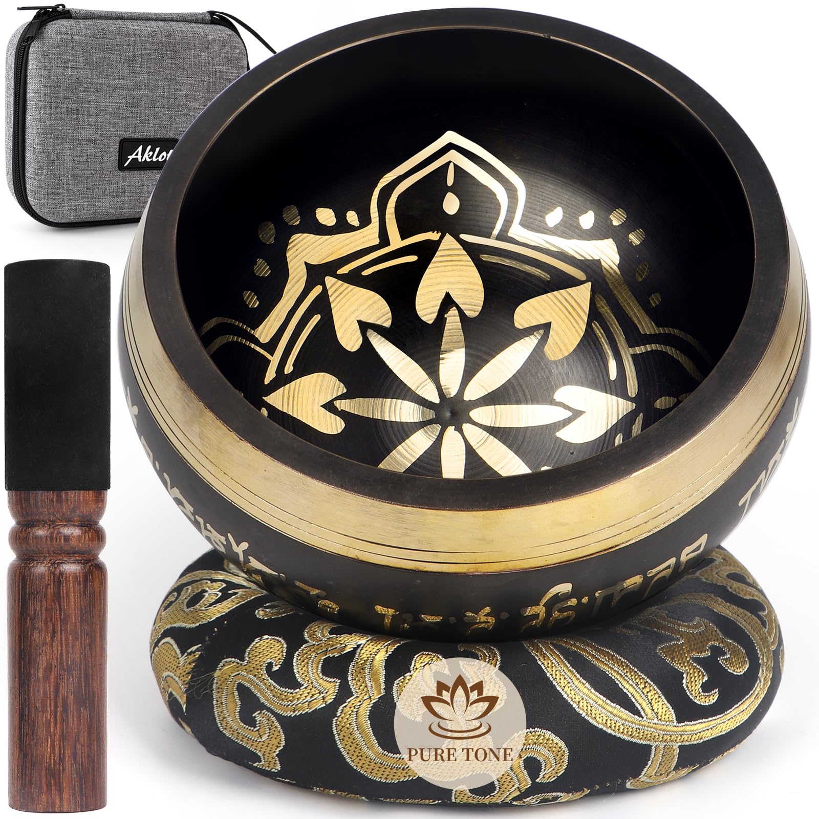 AKLOT HandMade Meditation Singing Bowl: Tibetan Sound Bowl Set with Pure Tone, Sound Bath Bowl with Cushion, Mallet, Carry Bag, Spiritual Gift for Chakra Clearing, Yoga, Prayer, Relaxation (5 Inch) 5 inch Black