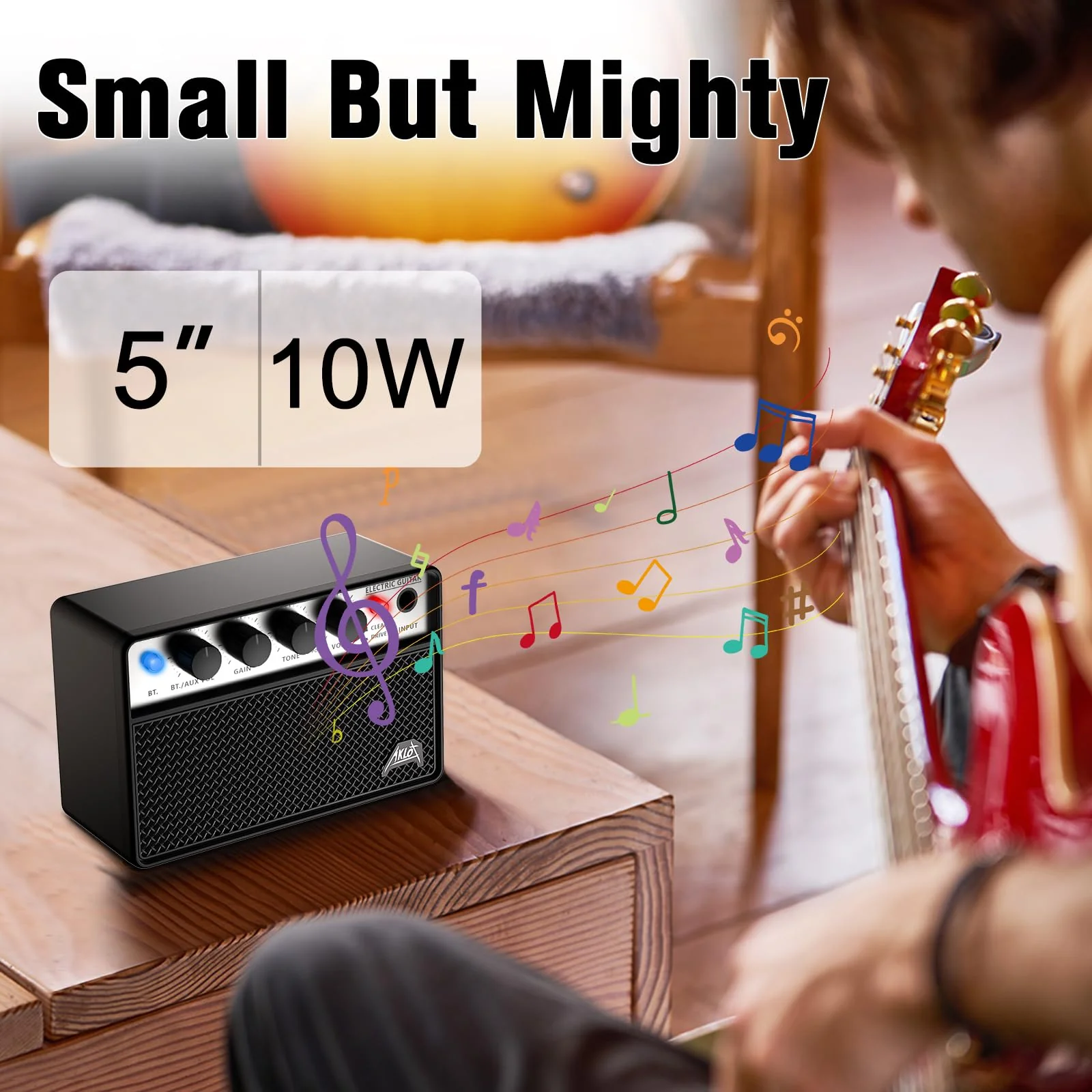 AKLOT Mini Bass Amp Small Bass Guitar Amplifier 10W Portable Recharged Electric Bass Amp BT Speaker with Dual Channel & Aux in Jack Black - Image 3