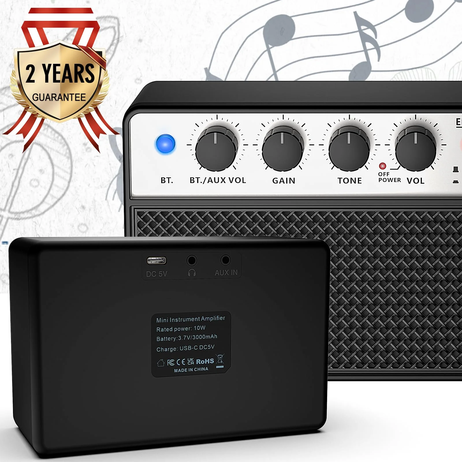 AKLOT Mini Bass Amp Small Bass Guitar Amplifier 10W Portable Recharged Electric Bass Amp BT Speaker with Dual Channel & Aux in Jack Black - Image 6