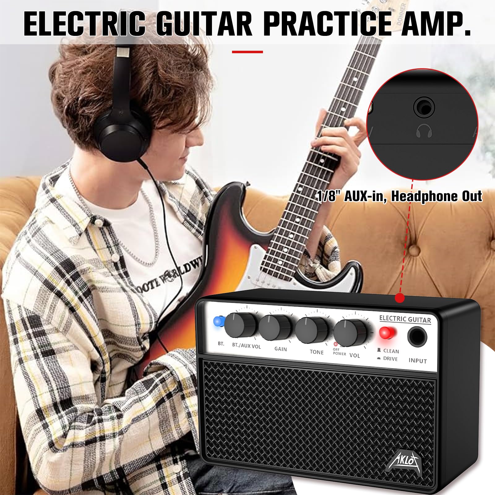AKLOT Mini Bass Amp Small Bass Guitar Amplifier 10W Portable Recharged Electric Bass Amp BT Speaker with Dual Channel & Aux in Jack Black - Image 7