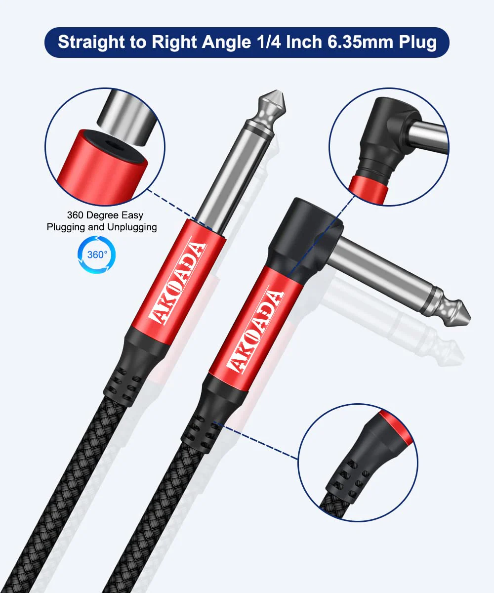 AkoaDa 1/4 Guitar Cable 20ft 2 Pack, Instrument Cable TS Cable Right Angle Electric Guitar Cord Compatible with Guitar, Bass, Drums,Guitar, Bass, Amplifiers, Pro Audio, Electric Mandolin - Image 2