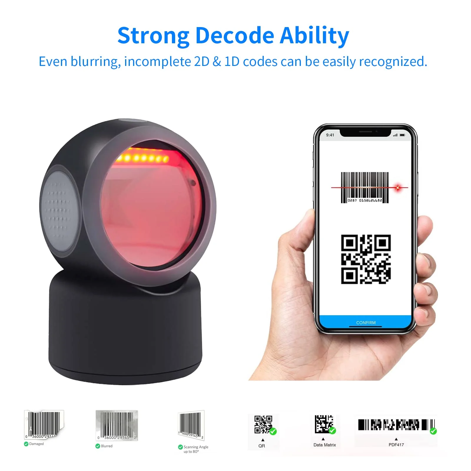 Alacrity 2D 1D QR Desktop Barcode Scanner, Omnidirectional Hands Free USB Wired Barcode Reader, Capture Codes on Screen, 3300DW, Black - Image 3