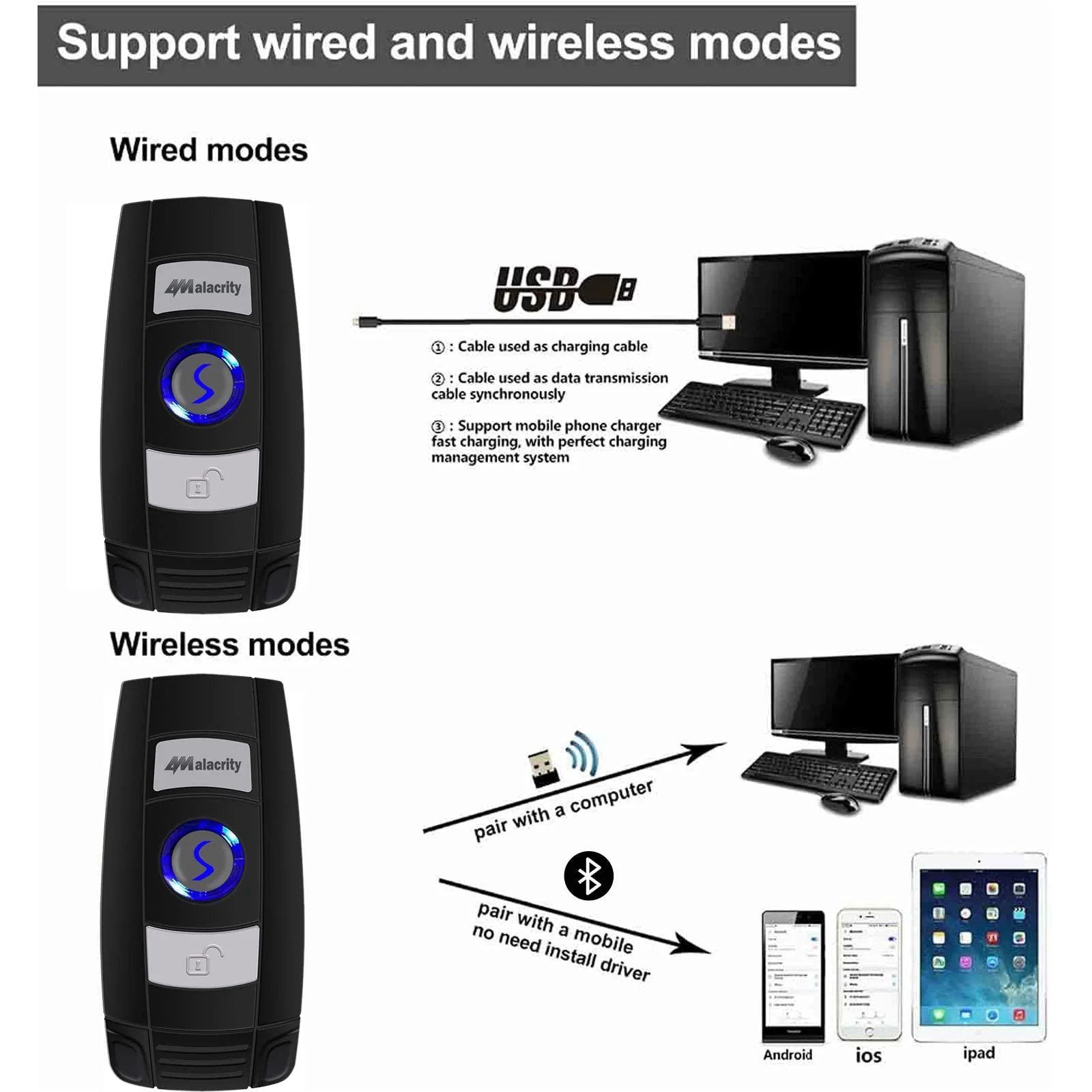 Alacrity Bluetooth Barcode Scanner, Portable Mini 1D Handheld Barcode Scanner 3-in-1 Bar Code Reader Scanner Scanning Work with Windows, Android, iOS, Tablets or Computers Able to Scan Codes on Screen 1D CCD Bluetooth Wireless Portable Scanner - Image 2