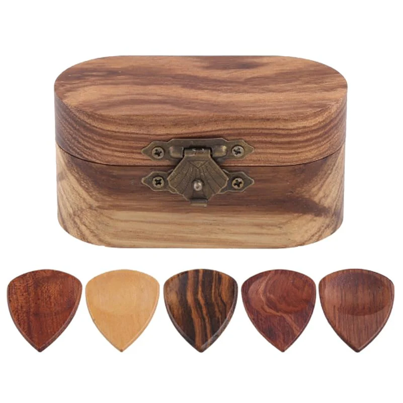 Alasum Pick Storage Box - Elegant Wooden Guitar Holder with 2 Natural Wood Picks Portable and Stylish Case for Guitar Accessories