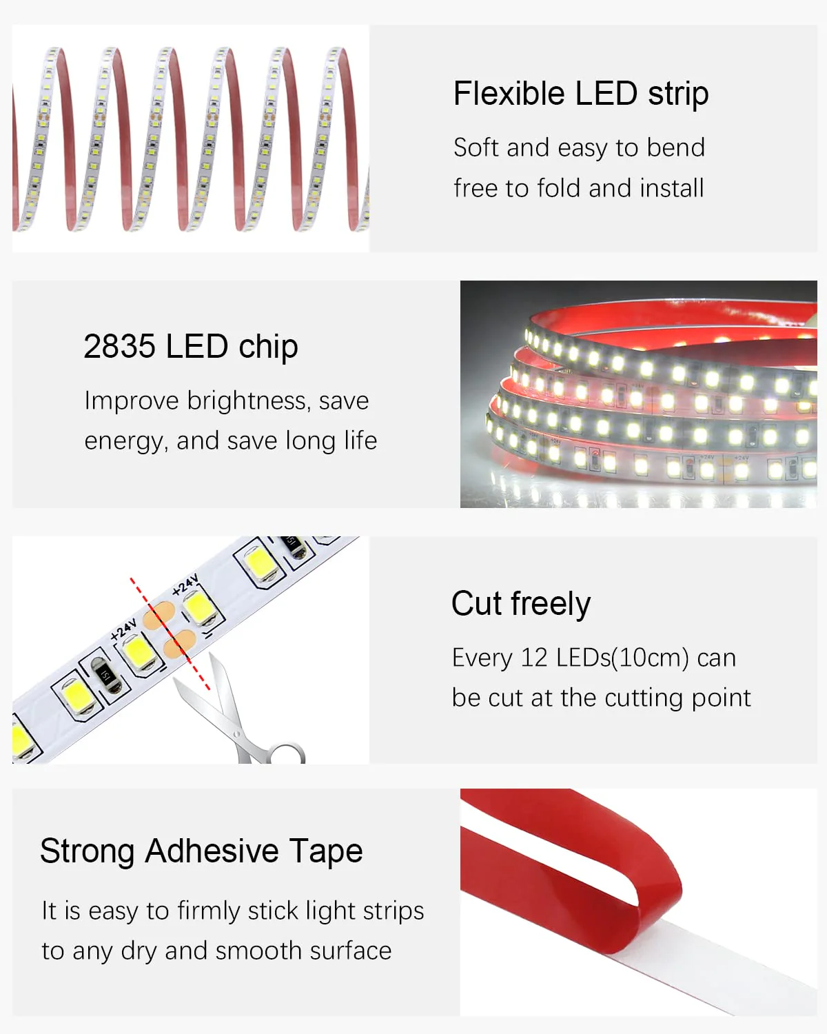 ALITOVE 65.6ft White LED Strip Lights Daylight 6000K 24V Ultra-Bright 120LEDS/M High-Density LED Flexible Light Strip 20M 2400 LEDs 2835 SMD Commercial Grade Rope Lights (No Power Adapter) Daylight White SMD 20M IP20 - Image 3
