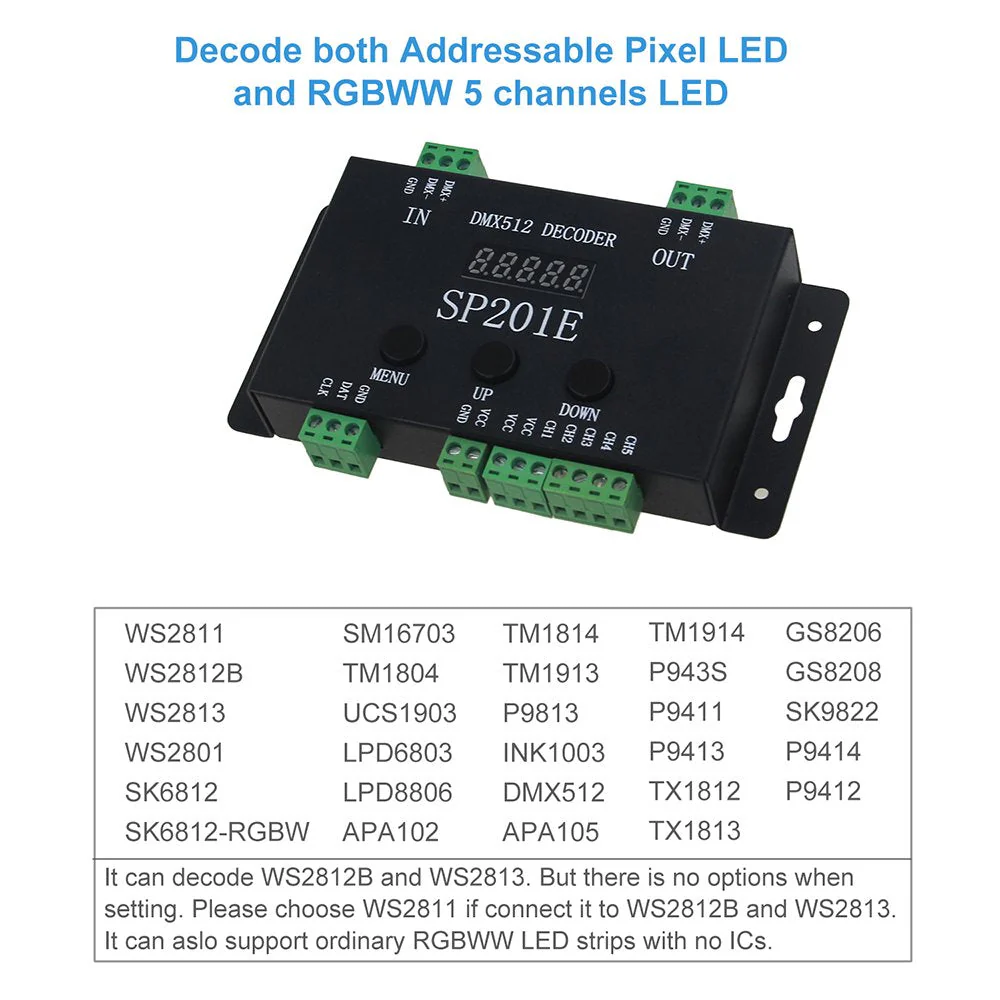 ALITOVE WS2812B WS2811 DMX to SPI Controller Decoder, W/ 99 Color Modes, 5 Channel DMX 512 RGB WW Decoder Controller for SK6812 WS2801 WS2813 LP6803 8806 1903 RGBWW LED Pixels Light Strip DC5V~24V - Image 2