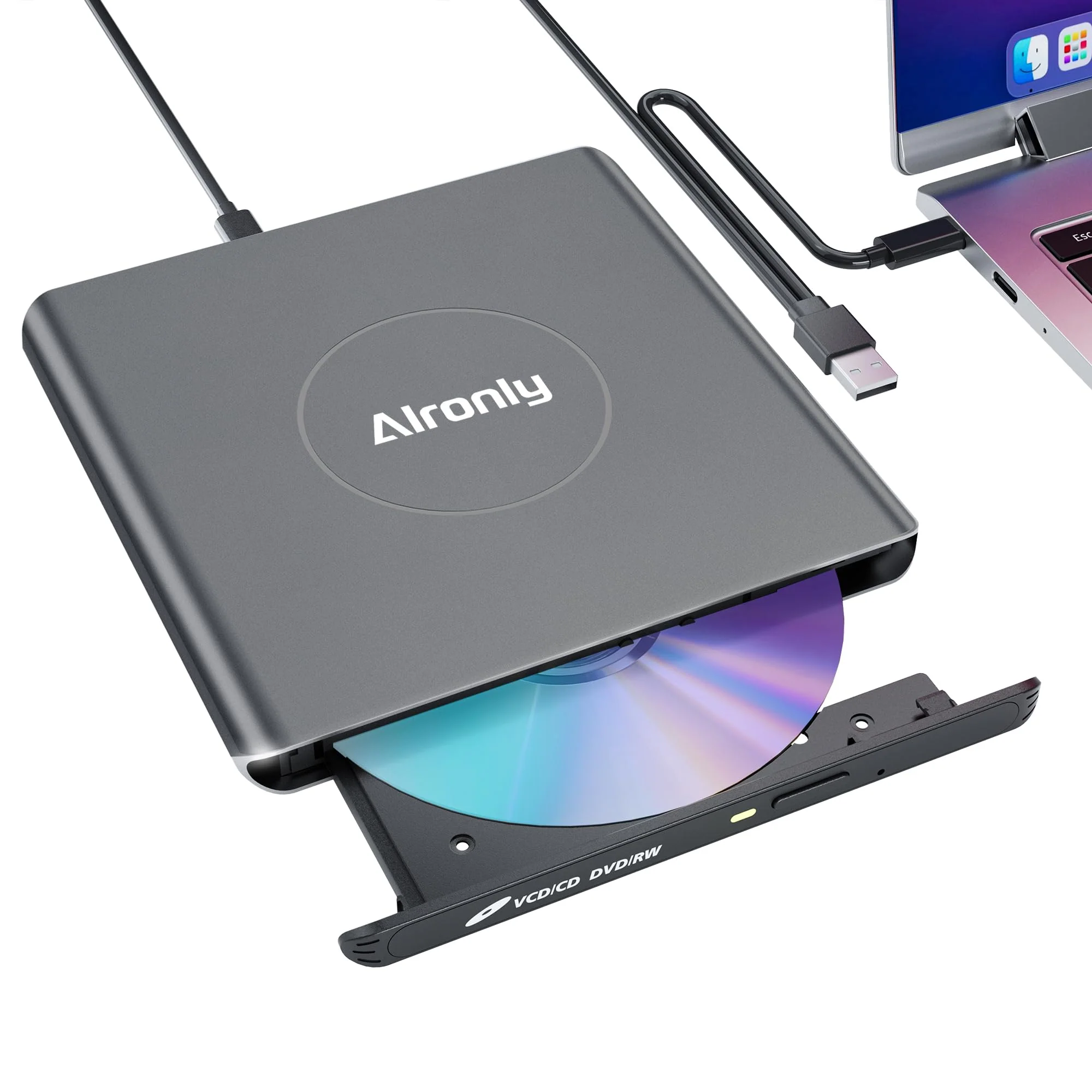 Alloy External CD/DVD Drive for Laptop, USB 3.0 Type-C Portable CD Burner Reader Writer Compatible with Windows, Apple Mac, Linux Desktop - with USB-A & USB-C Cable (F03)