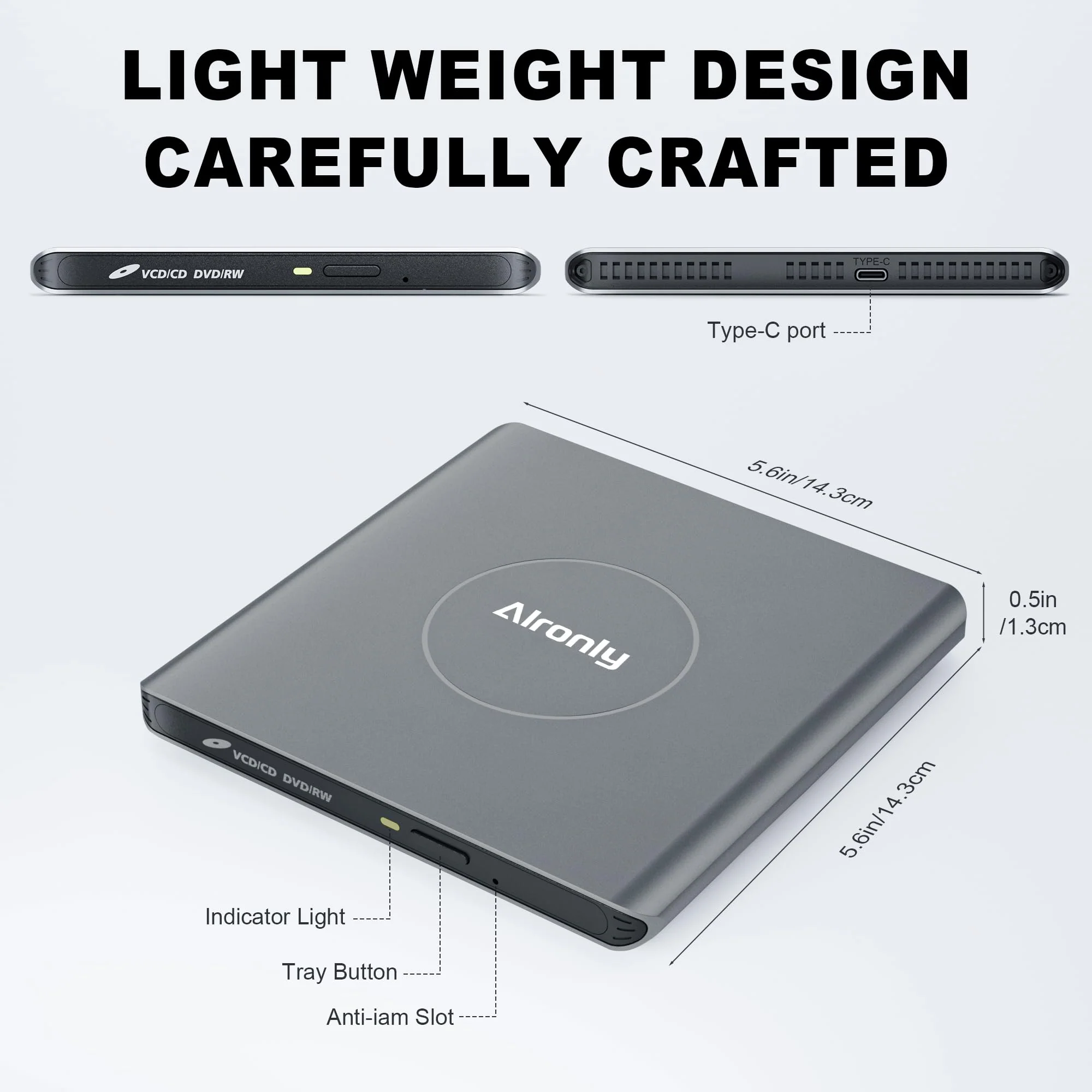 Alloy External CD/DVD Drive for Laptop, USB 3.0 Type-C Portable CD Burner Reader Writer Compatible with Windows, Apple Mac, Linux Desktop - with USB-A & USB-C Cable (F03) - Image 3