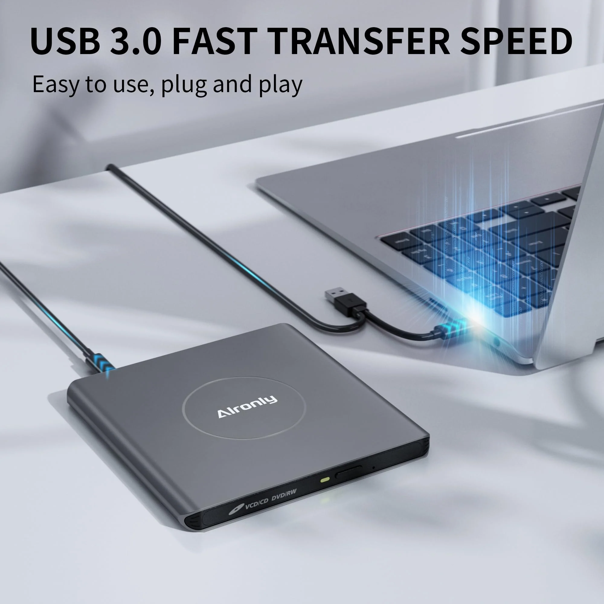 Alloy External CD/DVD Drive for Laptop, USB 3.0 Type-C Portable CD Burner Reader Writer Compatible with Windows, Apple Mac, Linux Desktop - with USB-A & USB-C Cable (F03) - Image 4