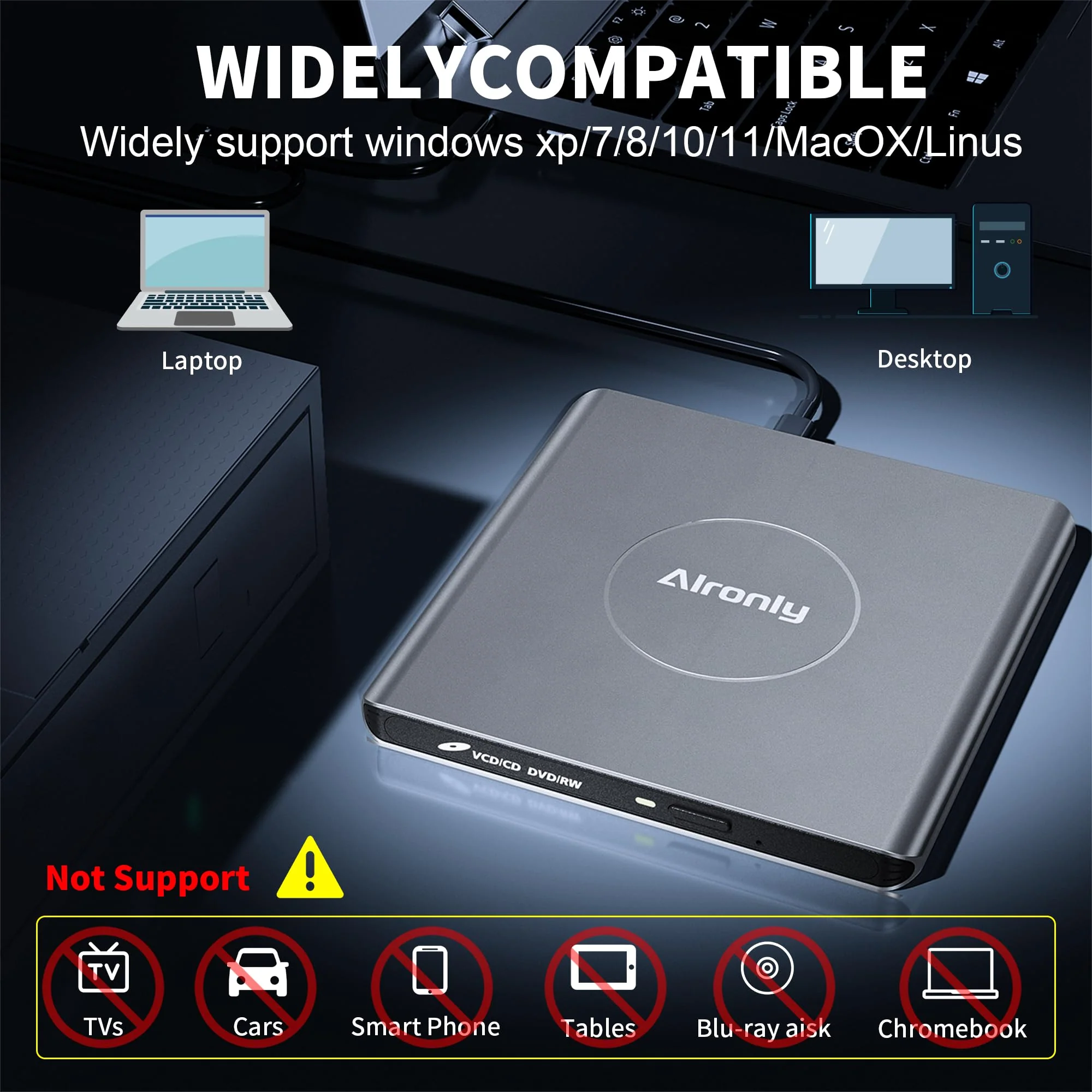 Alloy External CD/DVD Drive for Laptop, USB 3.0 Type-C Portable CD Burner Reader Writer Compatible with Windows, Apple Mac, Linux Desktop - with USB-A & USB-C Cable (F03) - Image 5