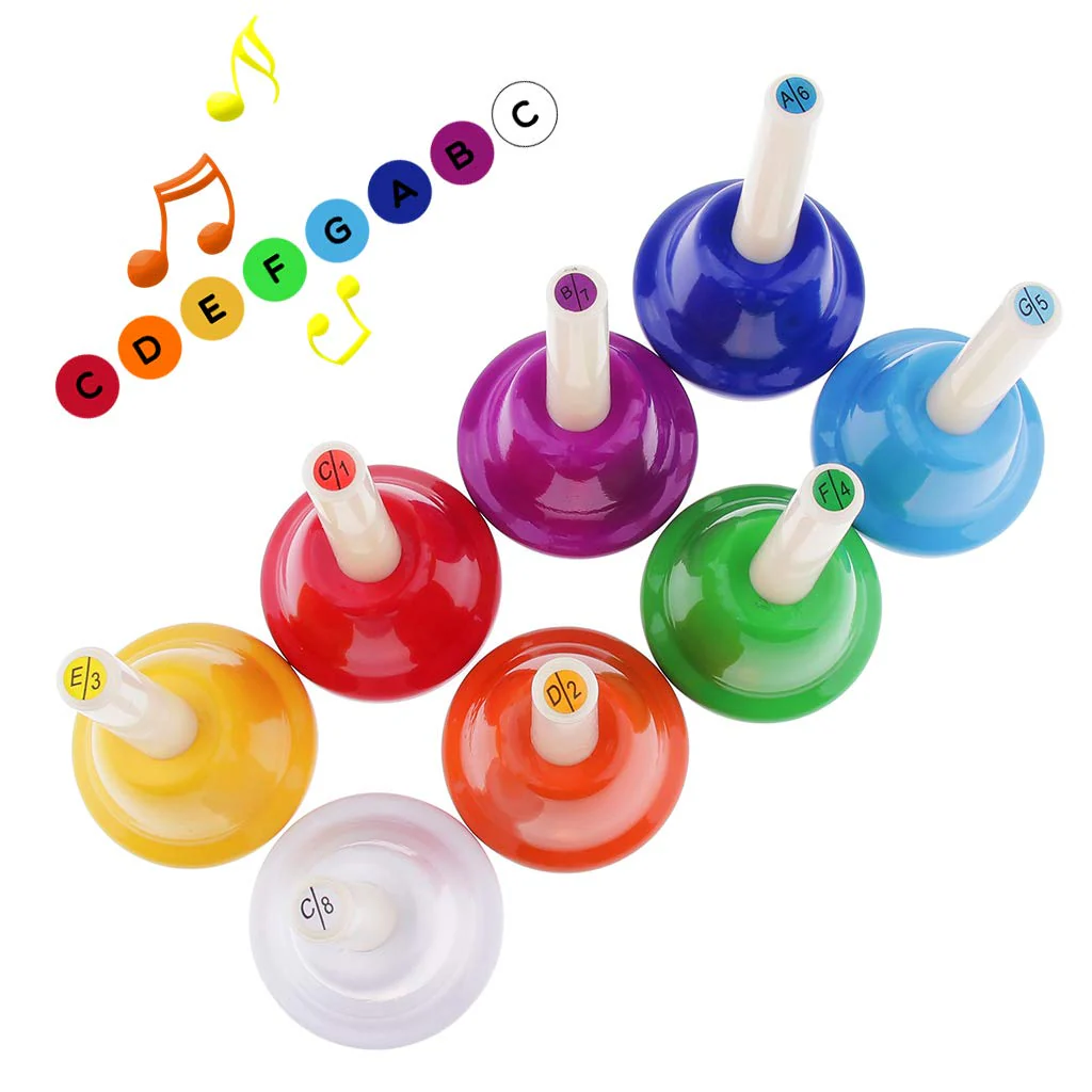 Alnicov Music Hand Bell Rhythm Band Beginners Play Hand Bells,8 Sound,8 Color Musical Bell for Senior,Teacher,Desk Bell Metal Hand Bells Set (one set of 8 notes) - Image 3