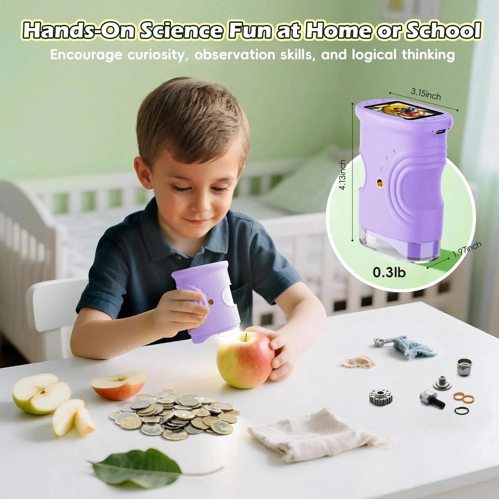 Alotwan Kids Digital Microscope 1000X Zoom, Mini Pocket Handheld Microscope with Camera/Video/Telescope Function, Portable Outdoor Travel Toys for Boys Girls 3-8 Years STEM Gifts, 8GB SD Card Included Purple - Image 7