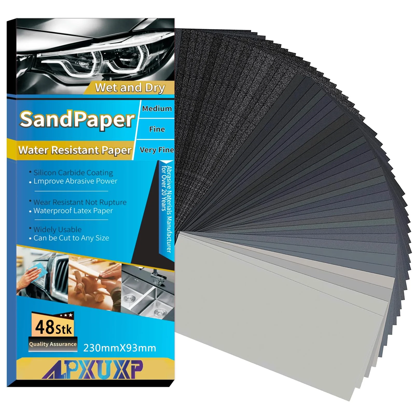 ALPXUXP Sandpaper Set of 48 Wet and Dry Professional Water Emery Paper for Car, Metal, Wooden Furniture, Stone, Varnish, Glass, Grit 120/180/240/400/600/800/1000/1200/1500/2000/3000/5000, 23 x 9 cm (120 to 5000) 48 pieces