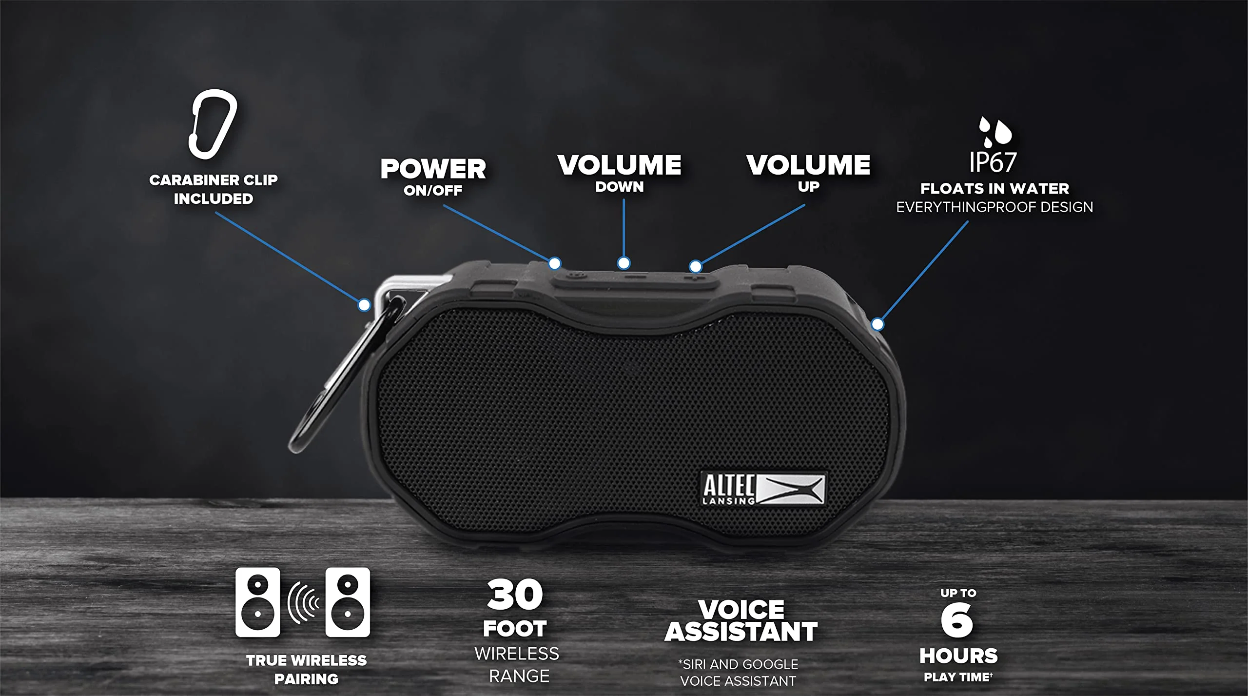 Altec Lansing - Baby Boom Waterproof Bluetooth Speaker, Wireless & Portable for Travel & Outdoor Use, Deep Bass & Loud Sound, 1 Pack (Black) Black - Image 2