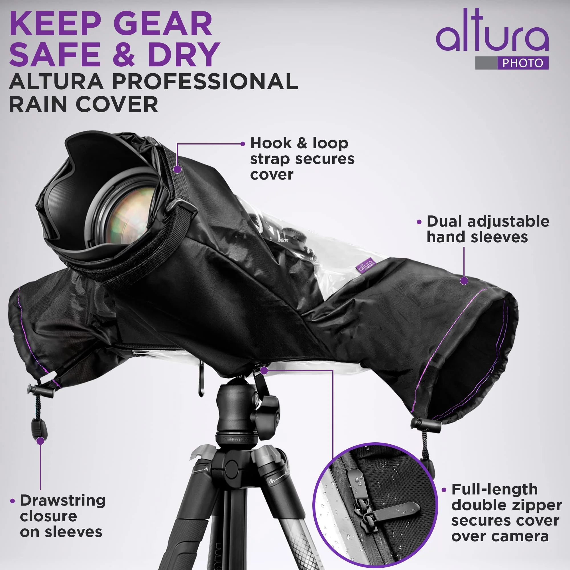 Altura Photo Camera Rain Cover - Professional Waterproof Lens Jacket Covers with Dual Hand Sleeves and Full-Length Zipper - Weather Protector for Canon Nikon Sony Fujifilm DSLR & Mirrorless Cameras - Image 2