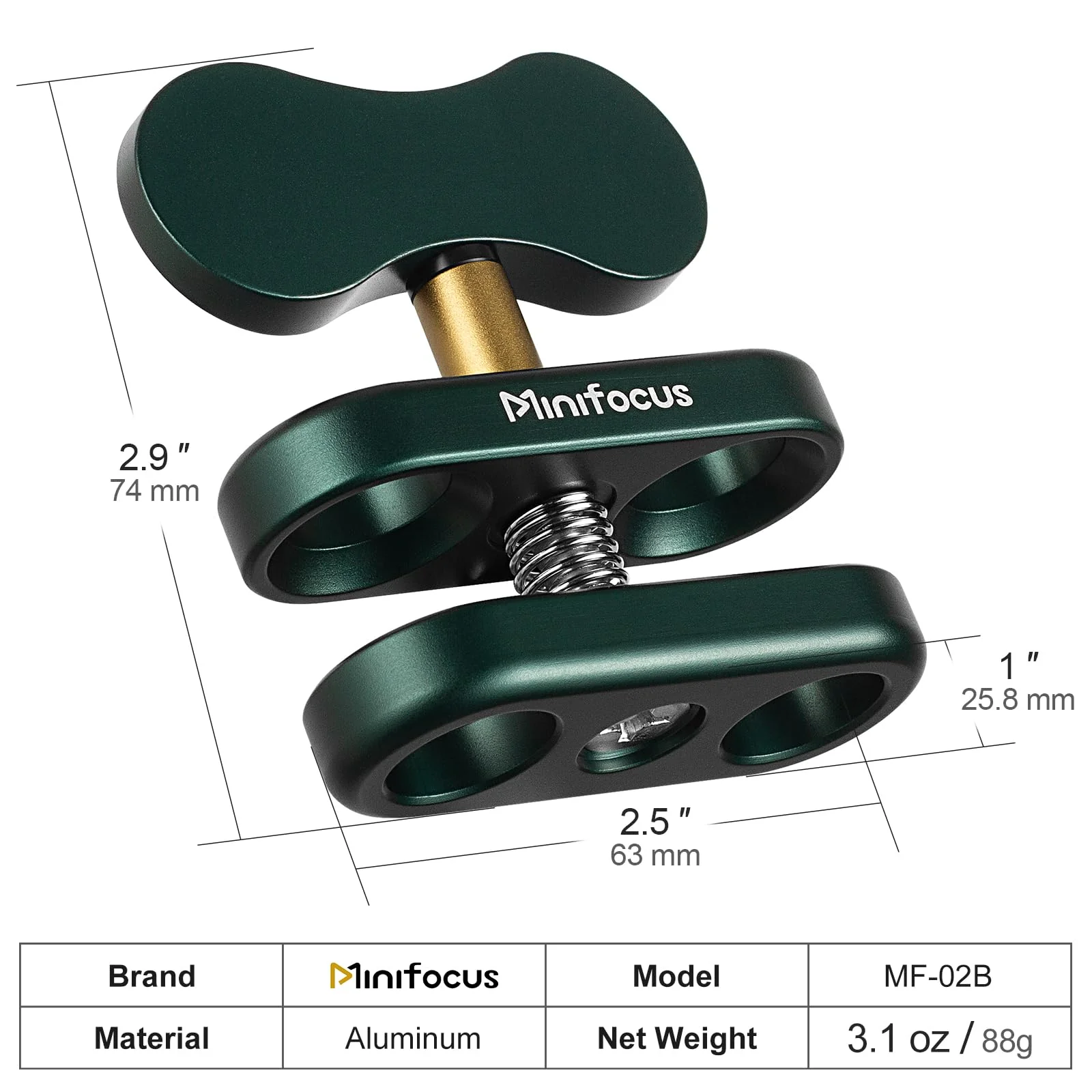 Aluminum 1" Ball Clamp Mount, Double Socket Arm, 360° Spring Clip Adapter Bracket Holder for Underwater Diving Photography System, Compatible with B Size 1" Ball Components for RAM 1 Packs Dark Green - Image 3
