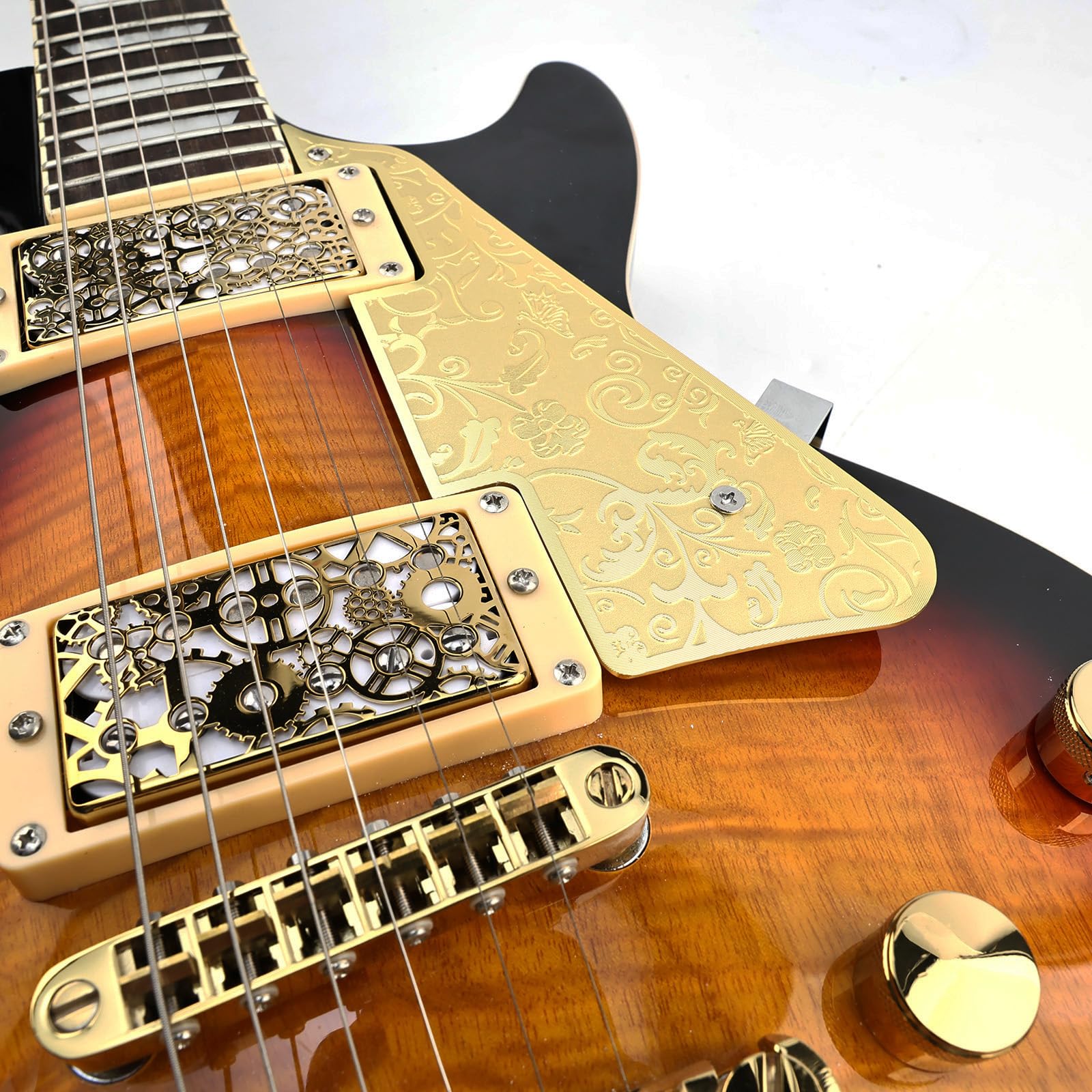 Aluminum Alloy LP Pick Guard Scratch Plate 2-Hole Mount Engraved Metal Electric Guitar Pickguard Compatible with Epiphone Epi Les Paul Style Guitar Replacement Parts(Gold) Gold - Image 3