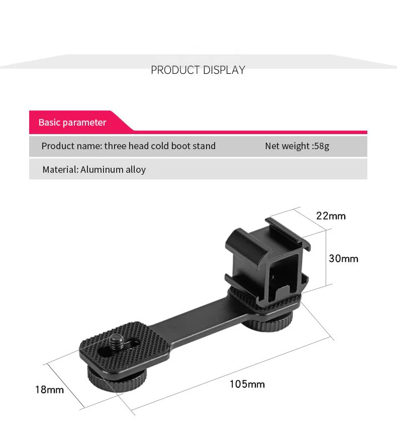 Aluminum Camera Cold Shoe Mount, Hot Shoe Extension Camera Flash Bracket for Light, Mic, with 1/4'' Tripod Screw (ST-001) ST-001 - Image 2