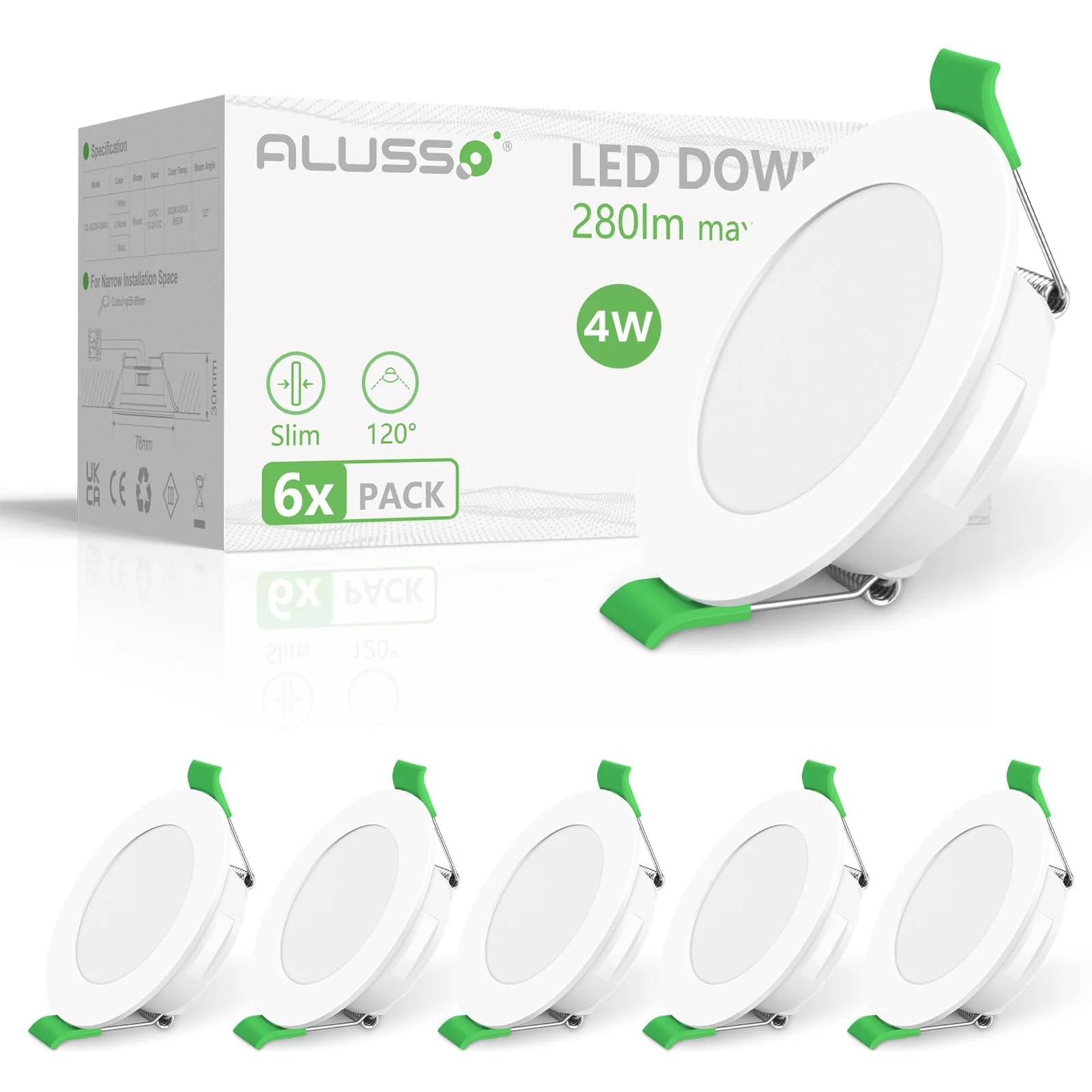 ALUSSO LED Recessed Spotlight, 230 V, Flat IP44, 4 W LED Spotlights, 280 LM, Cool White 6500 K Recessed Lights, 30 mm Ultra Flat, Recessed Spot Hole 55-68 mm, Ceiling Spotlights for Bathroom, Kitchen Cool White 6500k, Set of 6
