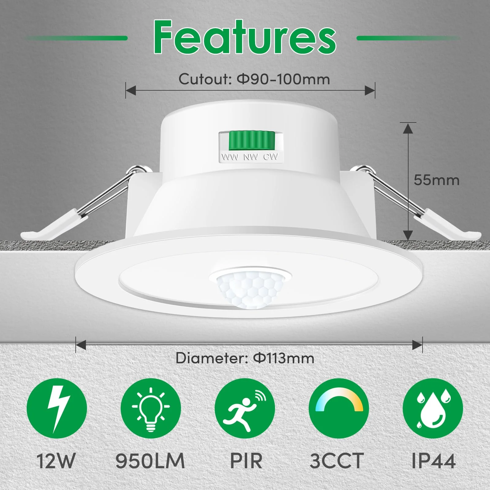 ALUSSO LED Recessed Spotlight, 230 V with PIR Motion Sensor, Flush-Mounted LED Spotlights, 12 W, IP44, Warm White, Neutral White, Cool White, Recessed Lights, Ceiling Spotlights, Pack of 2 12 W White - Diameter 113 Mm, Hole Size 90-100 Mm 2 Pack - Image 2
