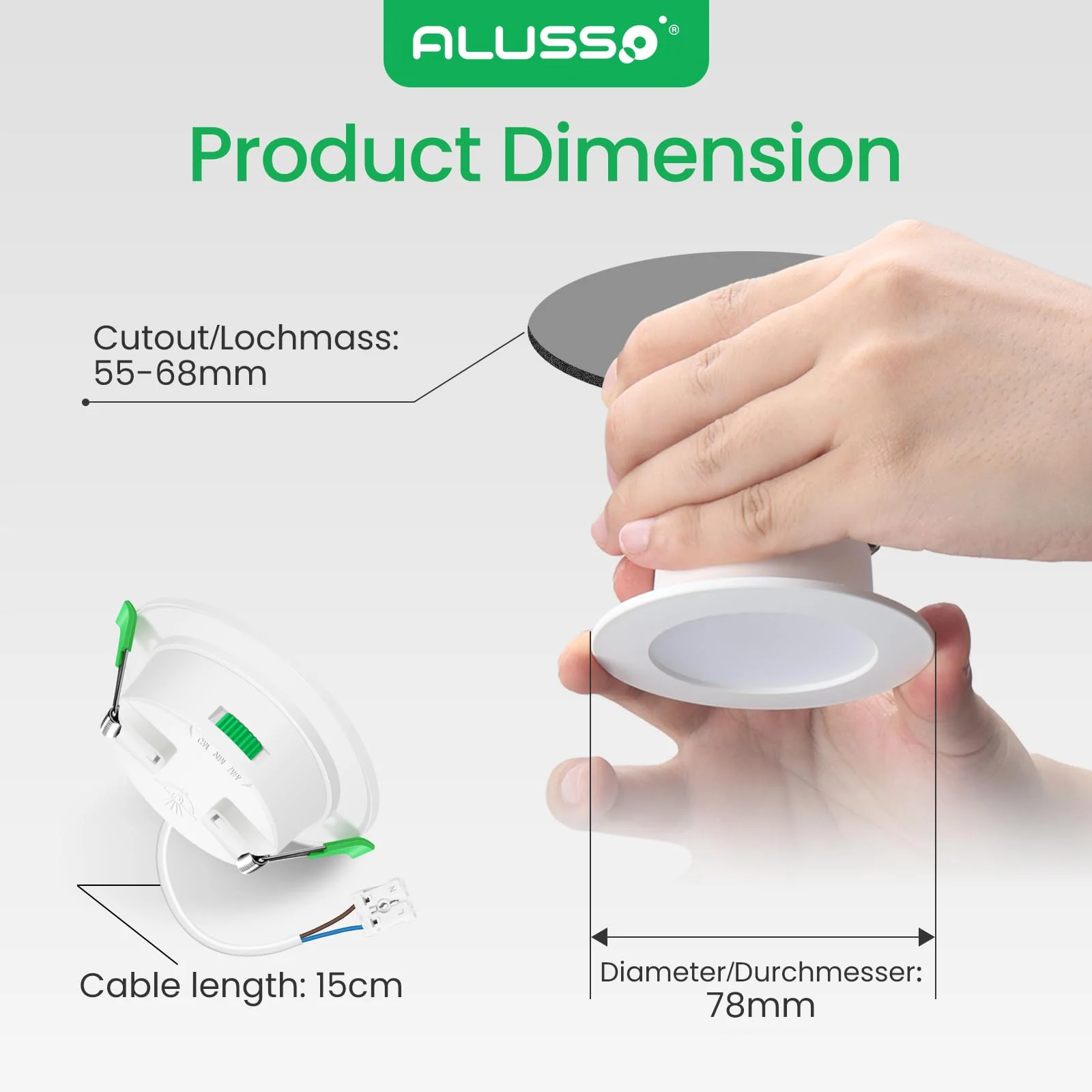 ALUSSO LED Recessed Spotlights, 230 V, 68 mm, Dimmable, 4 W, Ultra-Flat, 310 Lm, IP44, Warm White 3,000 K, Neutral White 4,000 K, Cool White 6,500 K, for Bathroom, Living Room, Set of 6. 4w White, Diameter 55-68 Mm Hole Size - Image 5