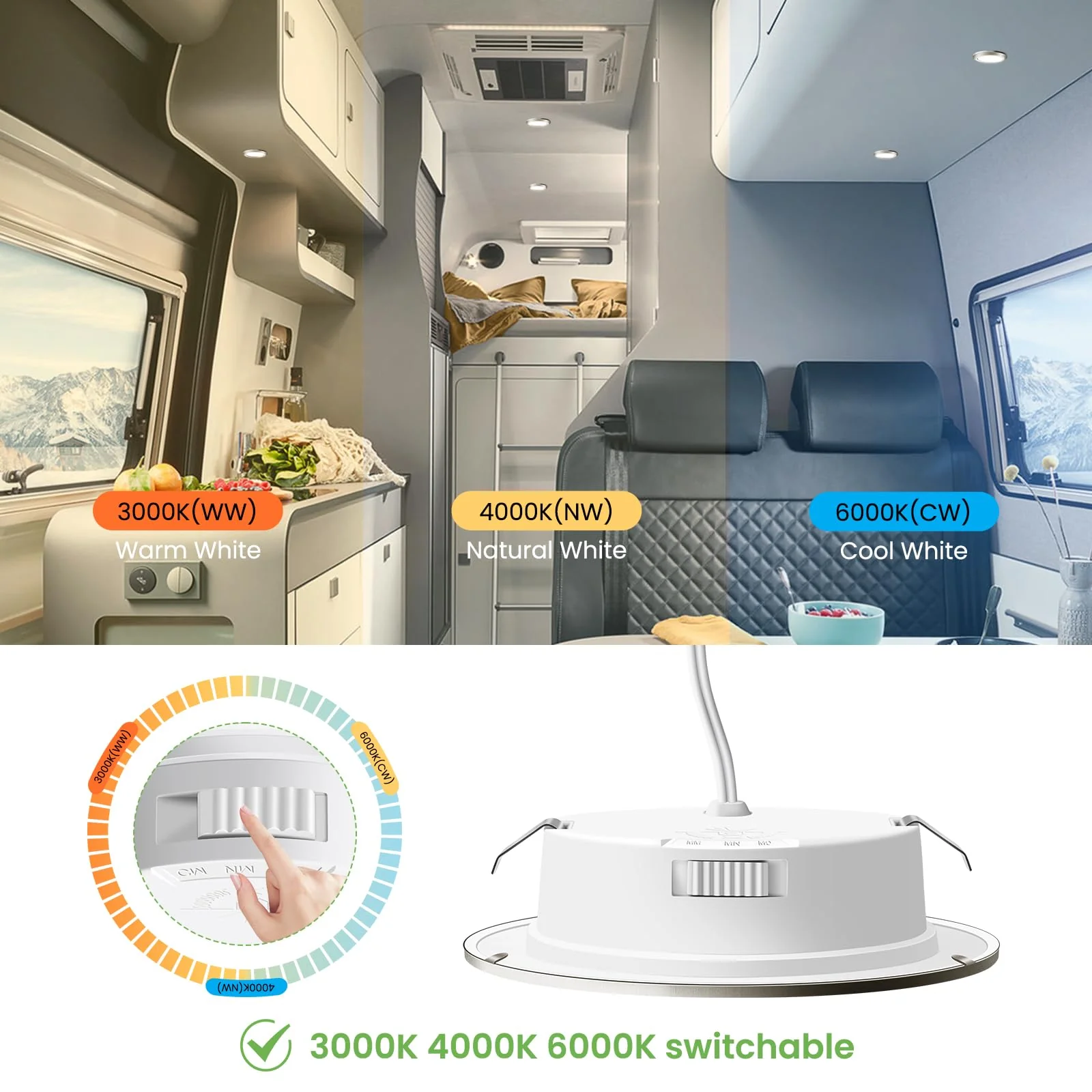 ALUSSO LIGHTING LED Recessed Spotlight 12 V, 3000 K 4000 K 6000 K LED Spot 12 V IP44, 4 W 270 LM Recessed Spotlights 55-58 mm for Motorhome Mirror Cabinet Caravan Van Wardrobe Nickel Set of 3 (Not Nickel. Hole Size: 55-58 Mm, 12 V Ac/Dc 3 pieces - Image 4