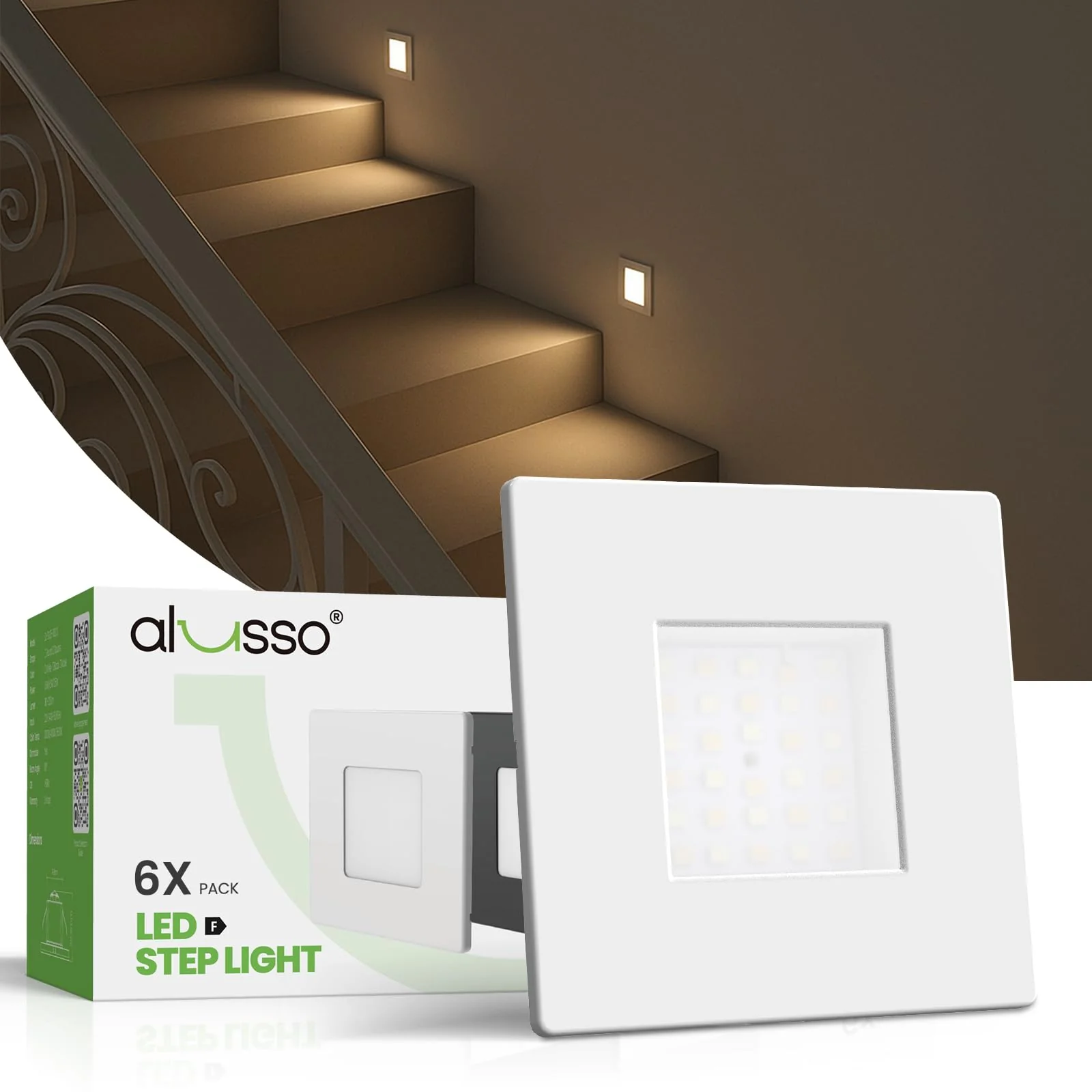 ALUSSO Set of 6 LED Stair Lighting 230 V Dimmable 3CCT Warm White Neutral White Cool White Stair Light 3 W 0.5 W 1.5 W 2.5 W IP44 Stair Lighting Stair Light Recessed Wall Light, Square White