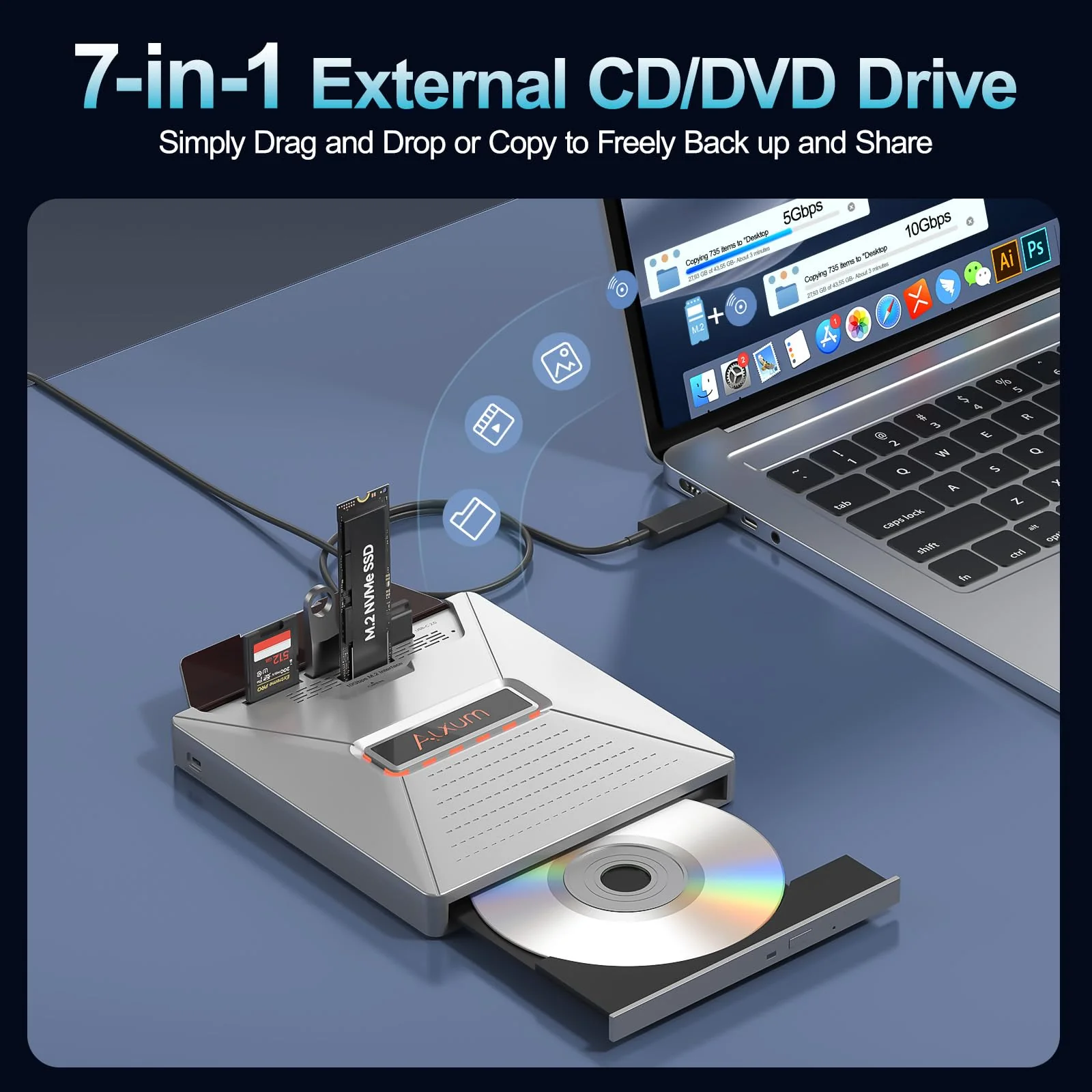 Alxum External CD DVD Drive for Laptop, 7 in 1 Portable CD Player DVD Burner with M.2 NVMe/USB 2.0 Interface and SD/Micro SD Card Slot, Ultra-Slim Disk Drive Optical for Windows/Mac OS/Linux/Vista Gray - Image 2
