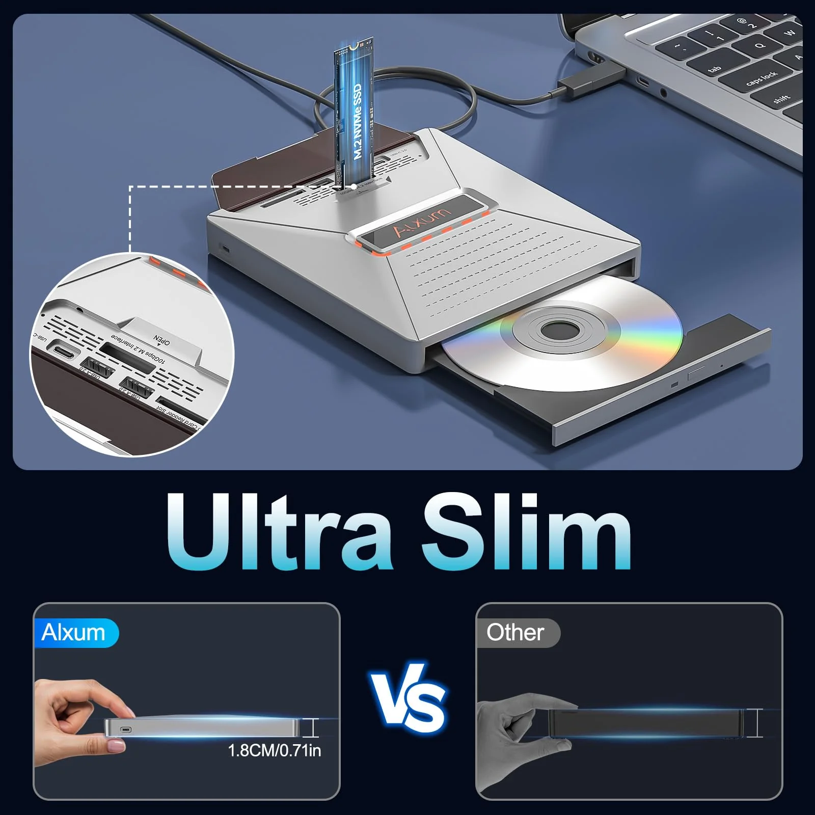 Alxum External CD DVD Drive for Laptop, 7 in 1 Portable CD Player DVD Burner with M.2 NVMe/USB 2.0 Interface and SD/Micro SD Card Slot, Ultra-Slim Disk Drive Optical for Windows/Mac OS/Linux/Vista Gray - Image 5